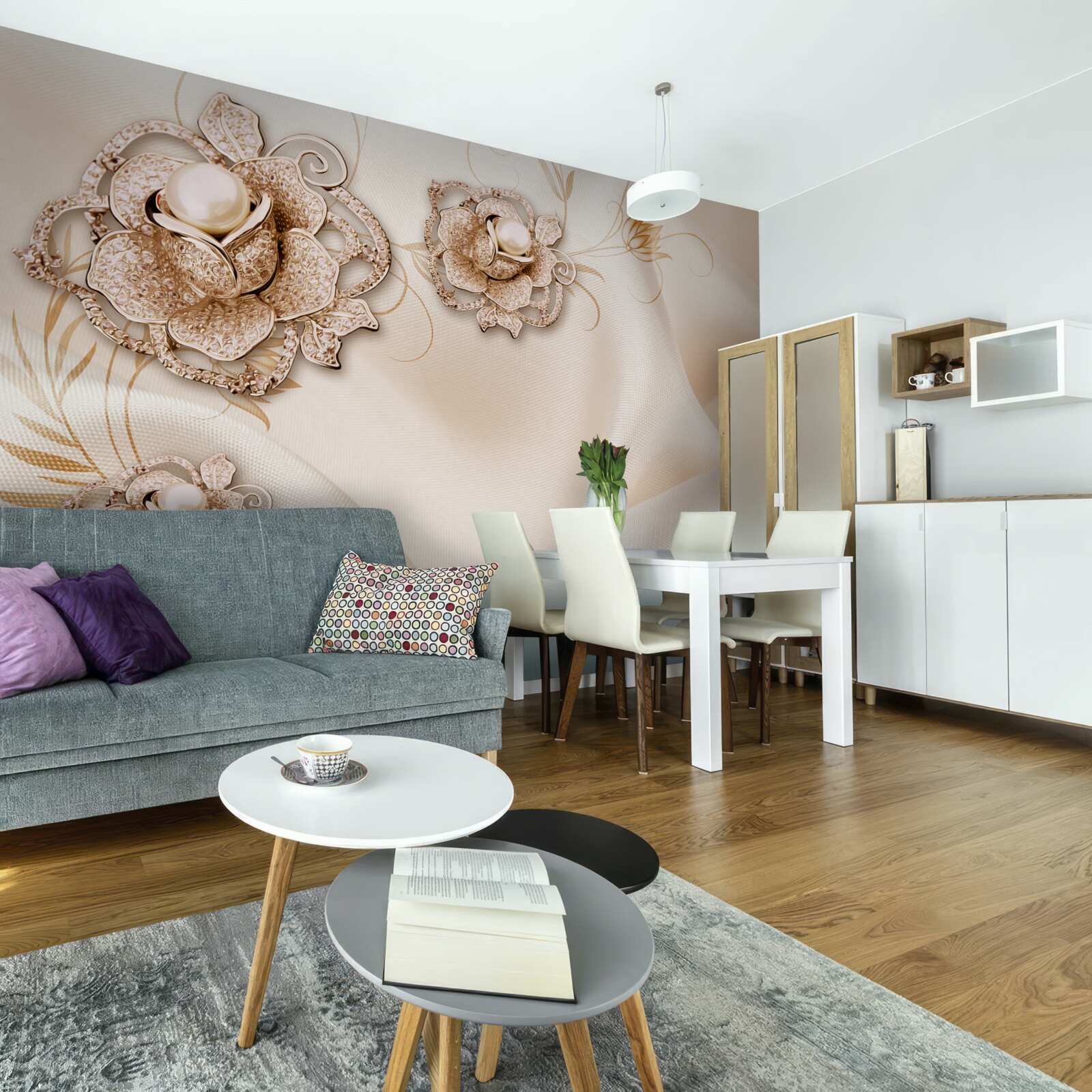 Fototapet combinație de mătase piersică delicată și flori