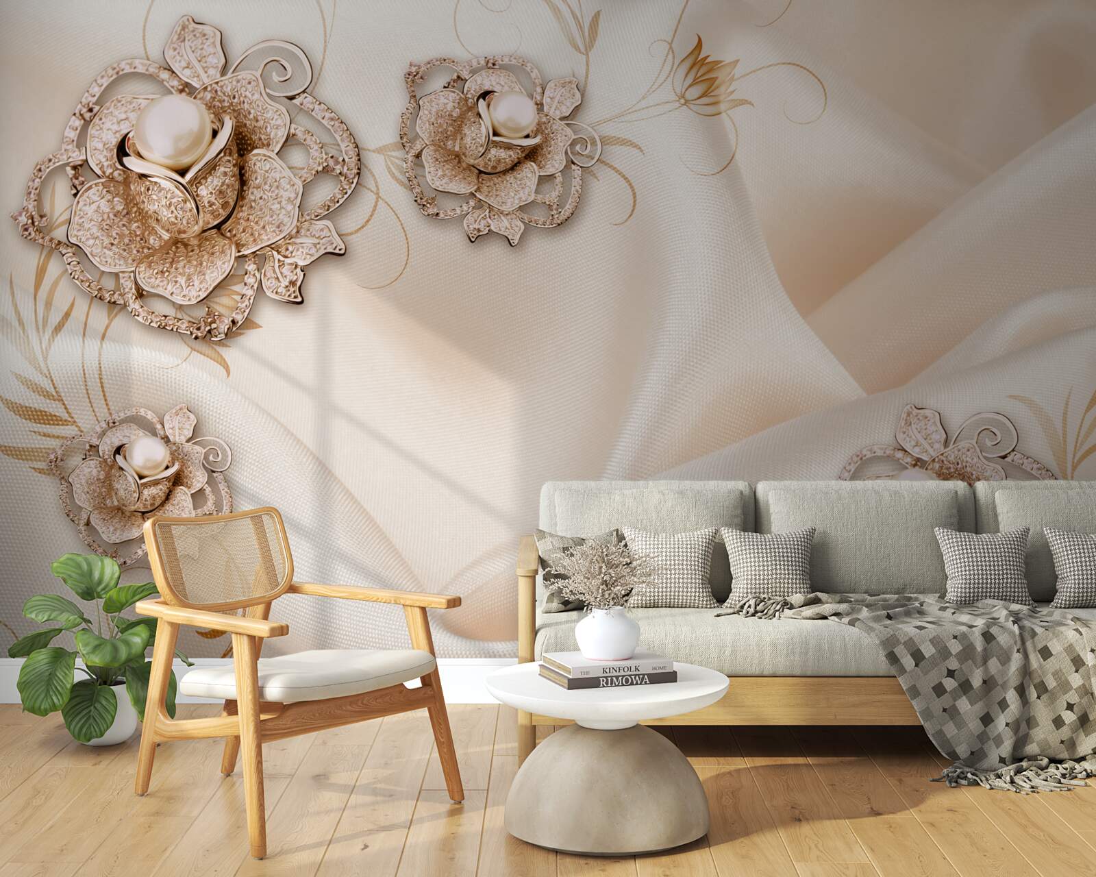 Fototapet combinație de mătase piersică delicată și flori