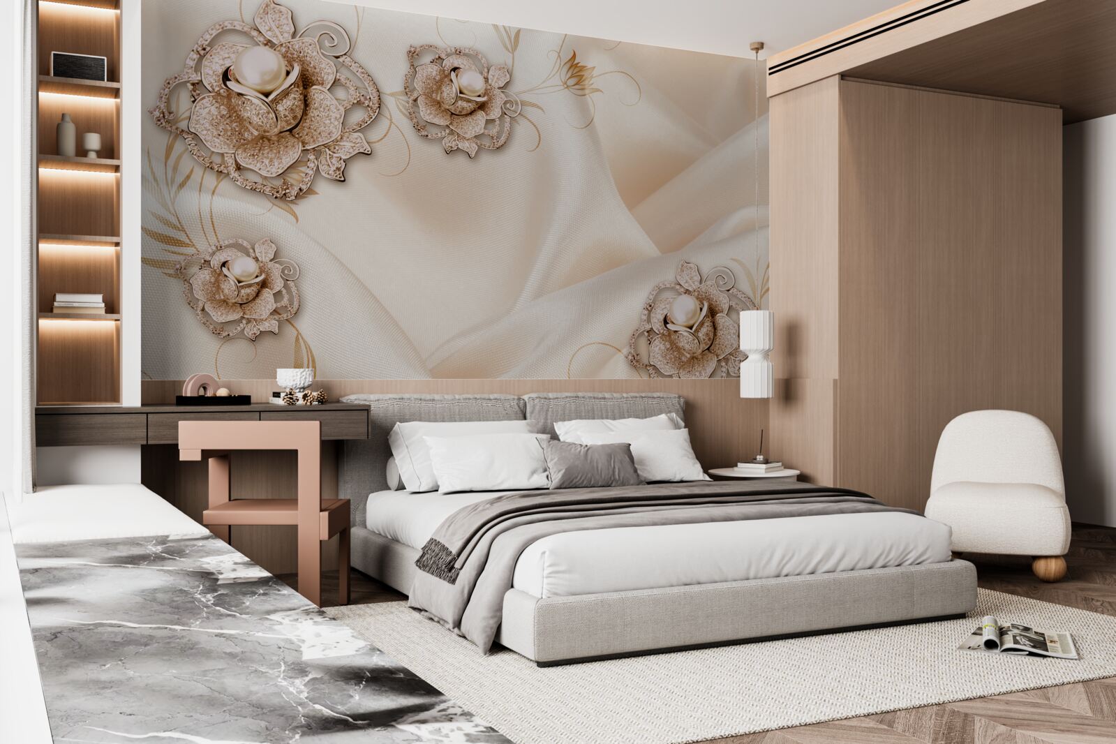 Fototapet combinație de mătase piersică delicată și flori