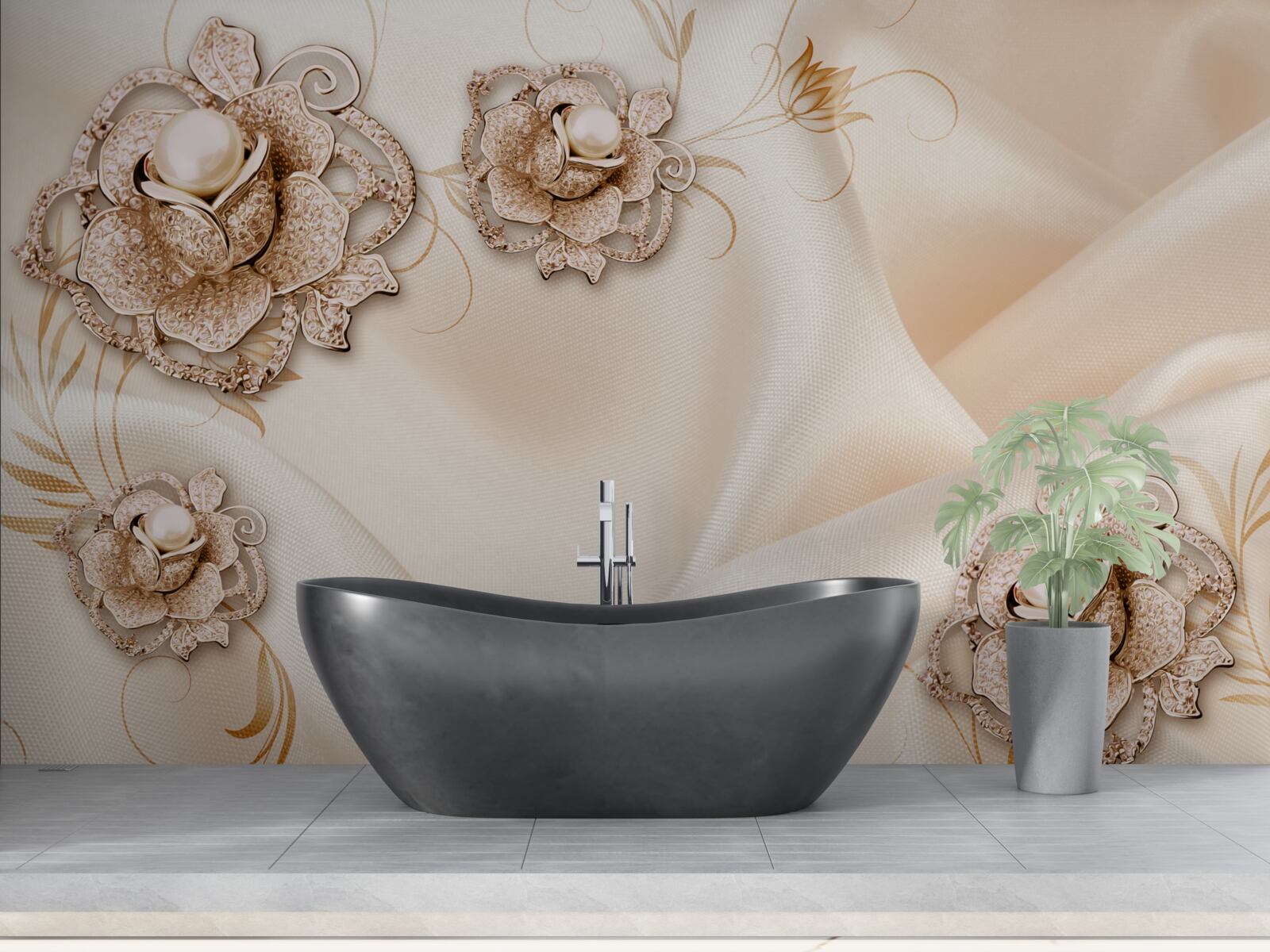 Fototapet combinație de mătase piersică delicată și flori