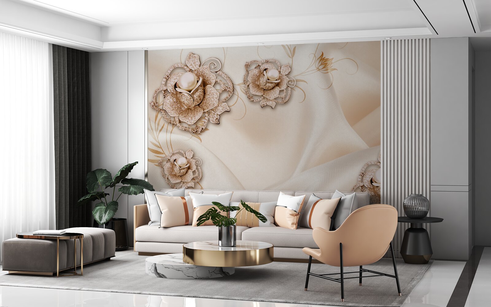 Fototapet combinație de mătase piersică delicată și flori