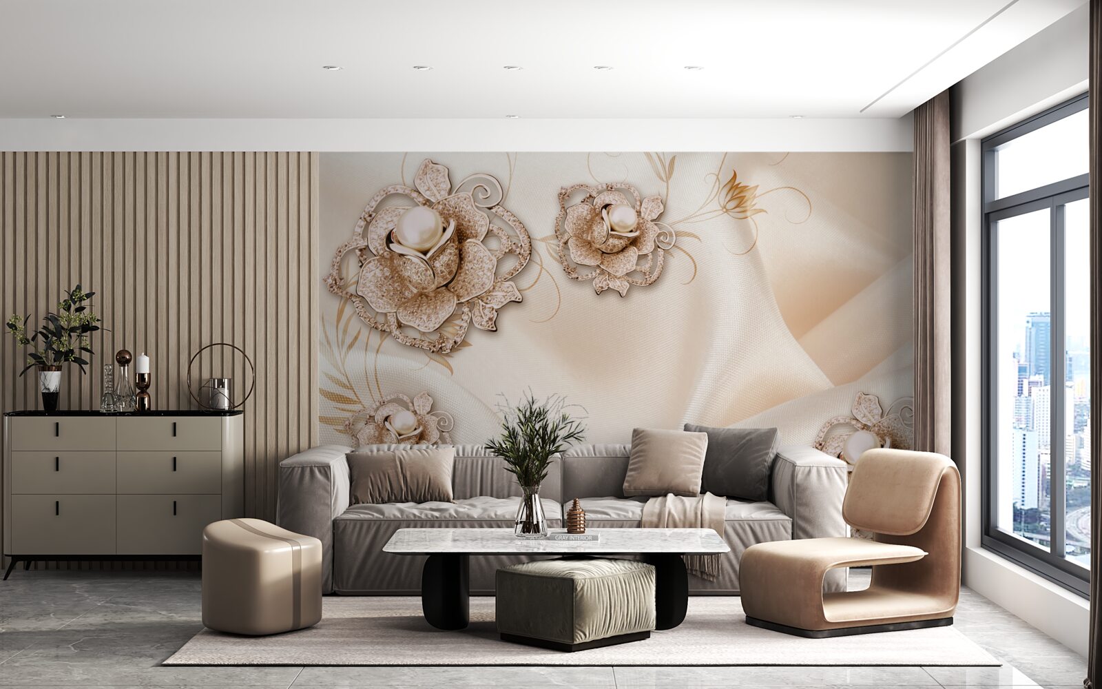 Fototapet combinație de mătase piersică delicată și flori