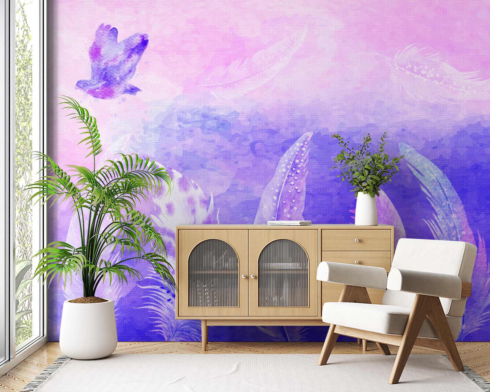 Fototapet pasăre care zboară deasupra penelor