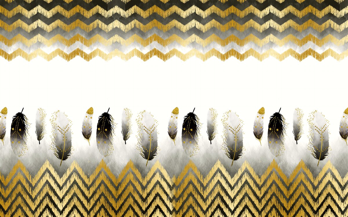 Fototapet pene în alb și negru și linii curbate în tonuri aurii