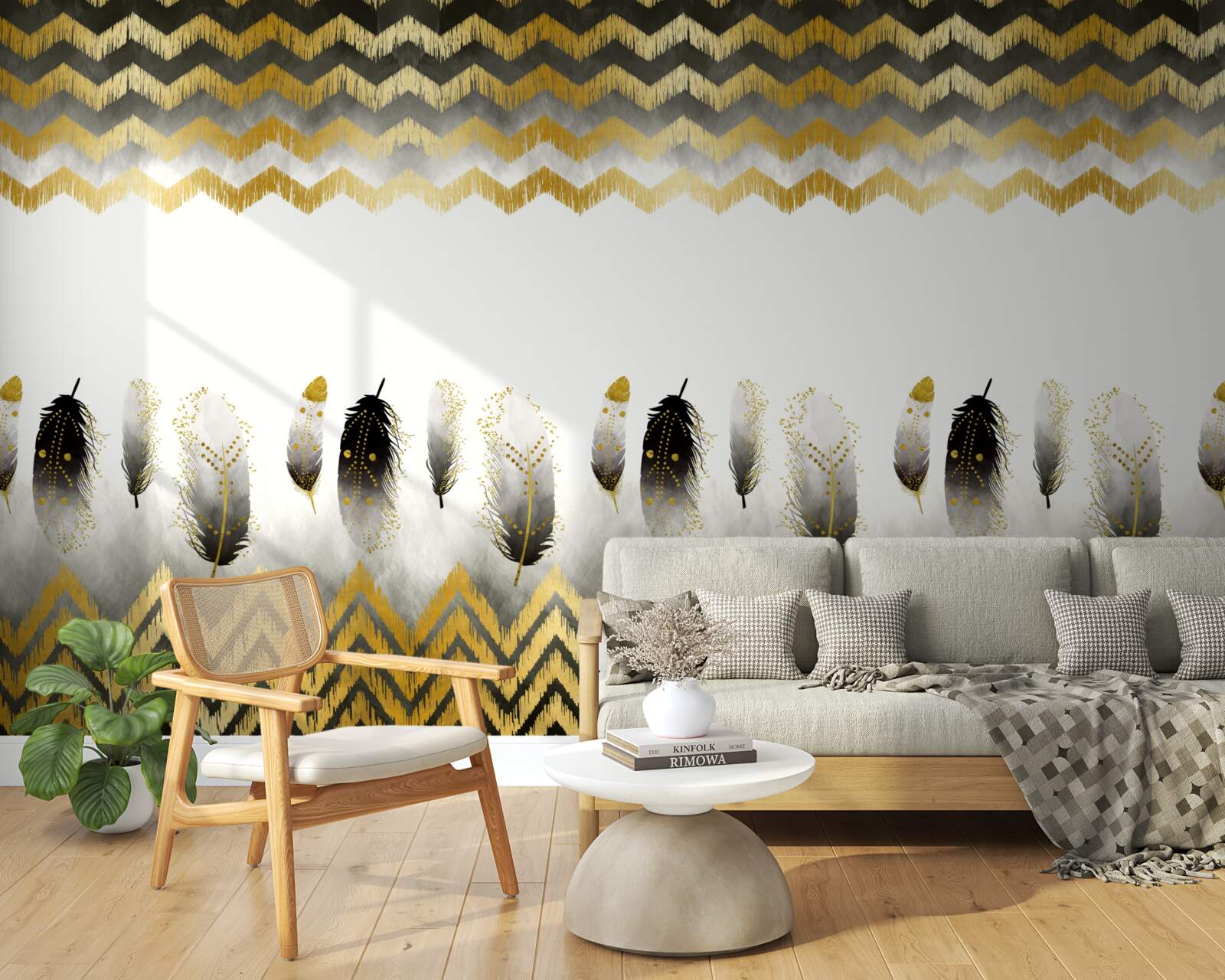 Fototapet pene în alb și negru și linii curbate în tonuri aurii