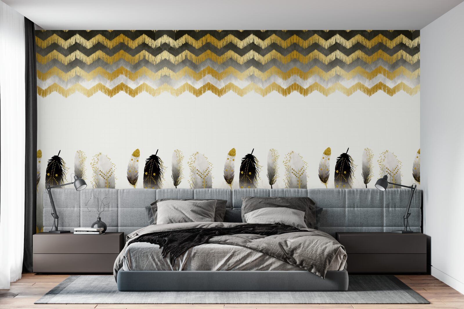 Fototapet pene în alb și negru și linii curbate în tonuri aurii