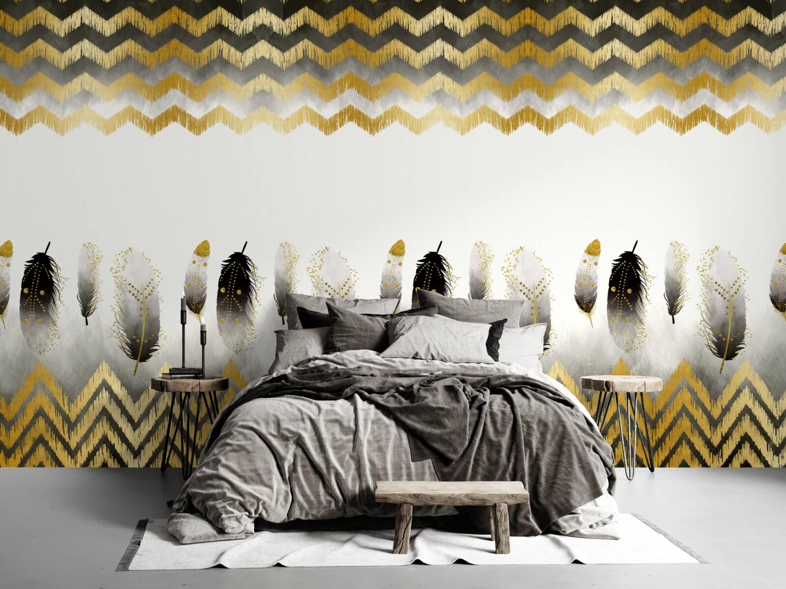 Fototapet pene în alb și negru și linii curbate în tonuri aurii