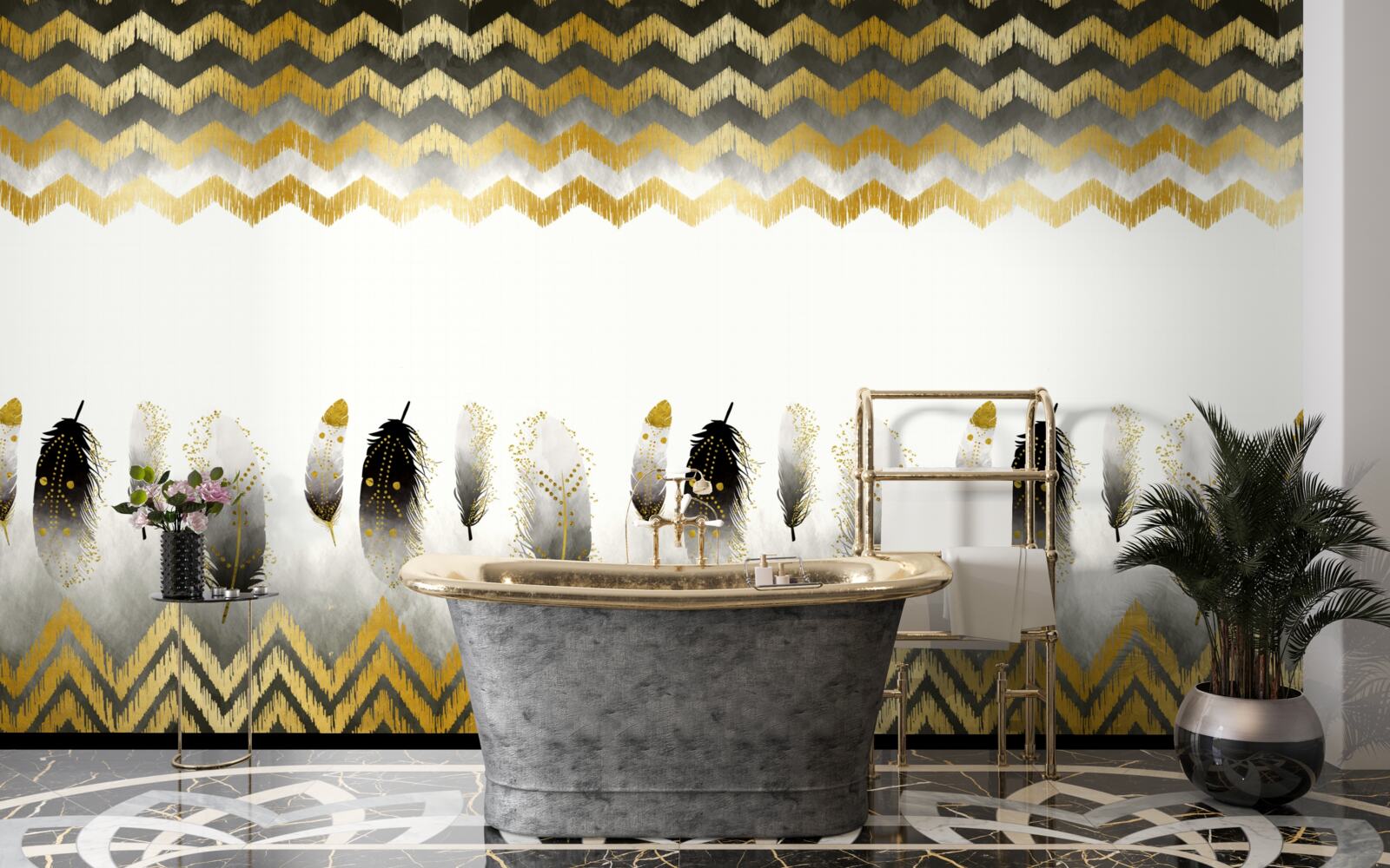 Fototapet pene în alb și negru și linii curbate în tonuri aurii