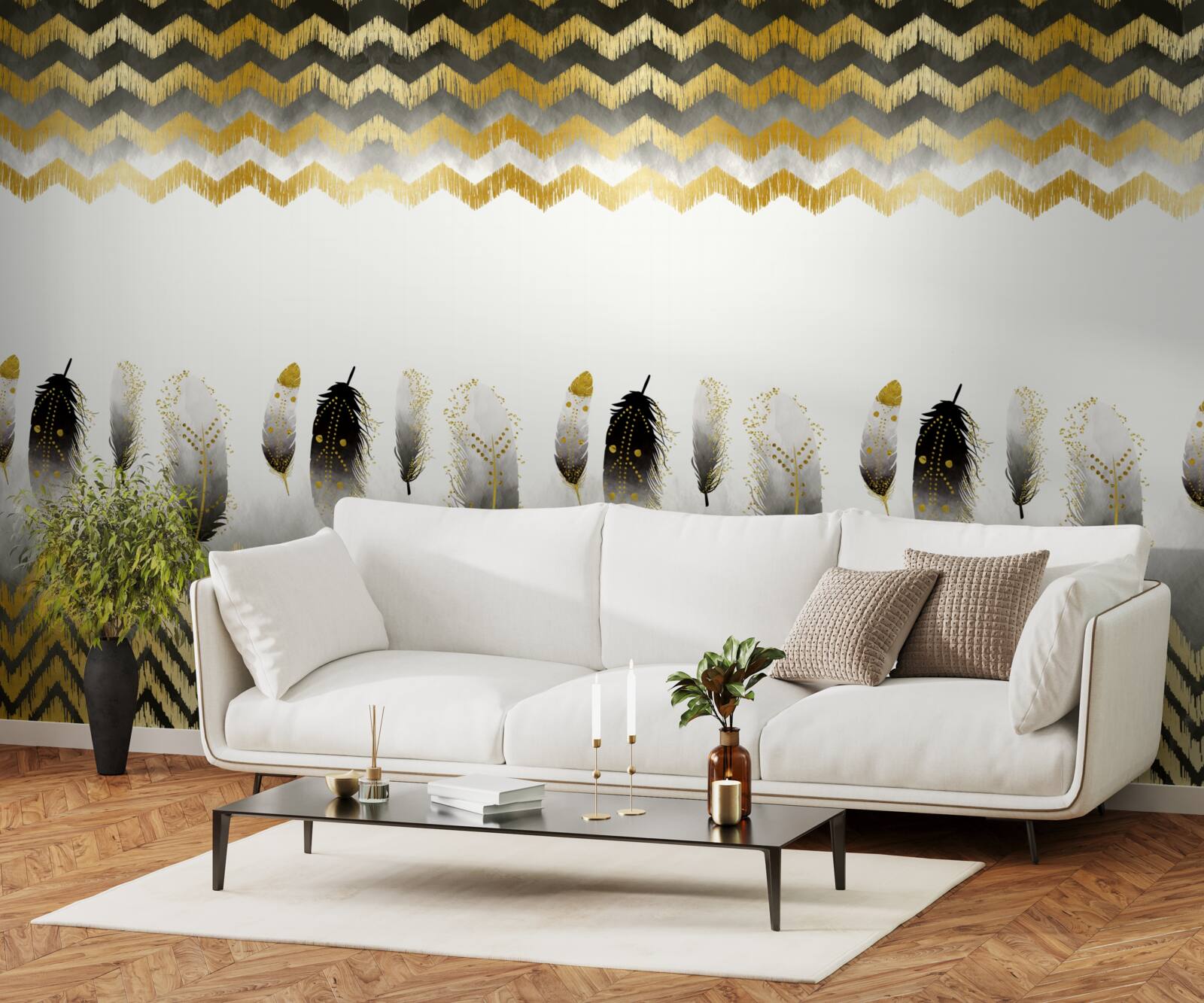 Fototapet pene în alb și negru și linii curbate în tonuri aurii