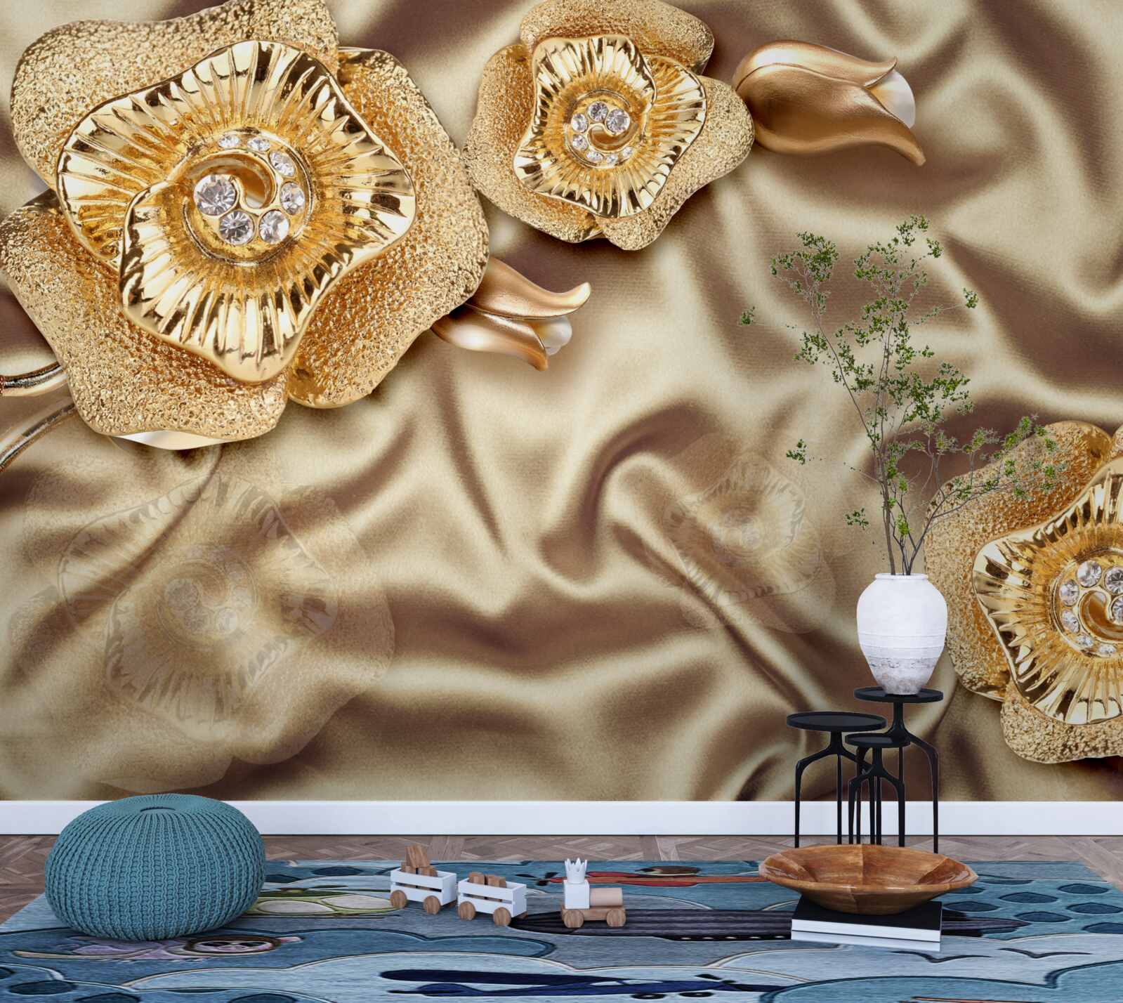 Fototapet detalii aurii pe mătase decorată cu flori de bronz