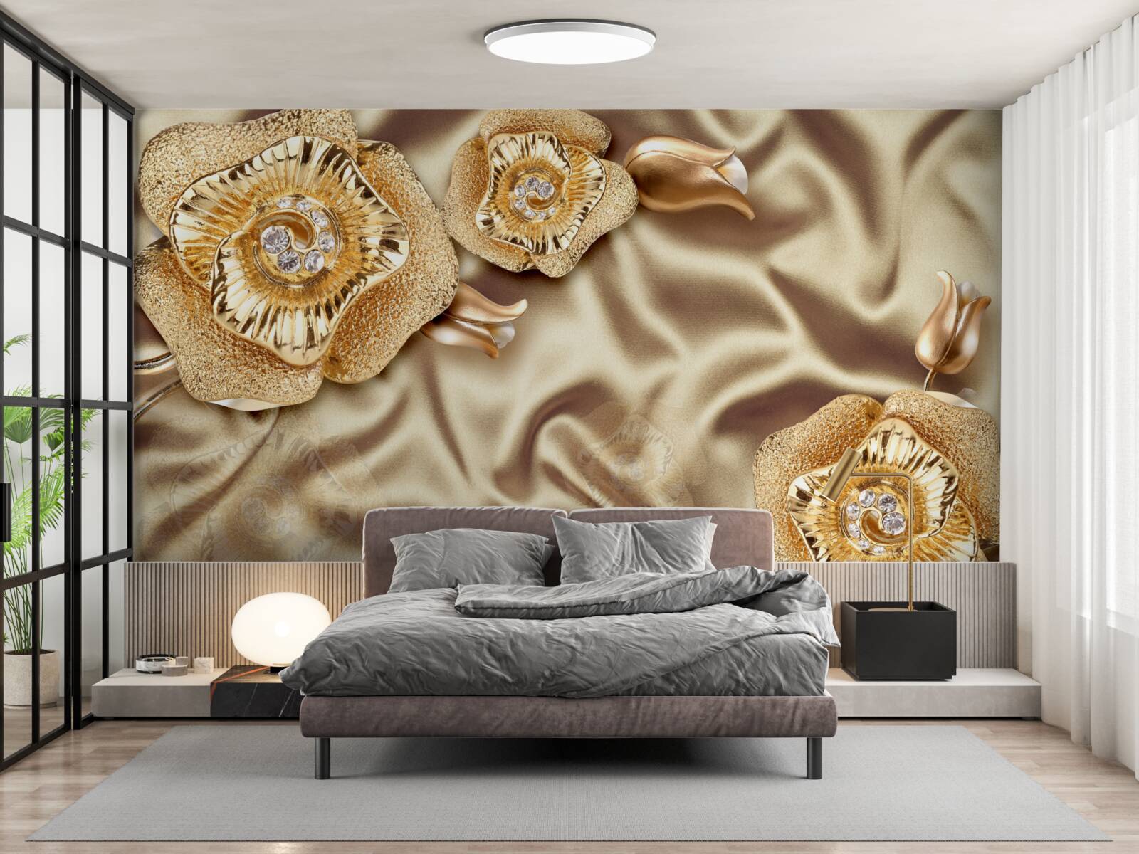 Fototapet detalii aurii pe mătase decorată cu flori de bronz