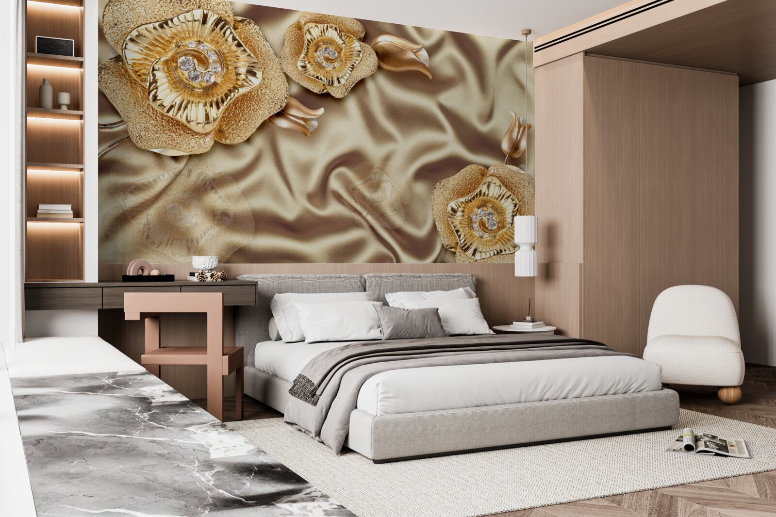 Fototapet detalii aurii pe mătase decorată cu flori de bronz