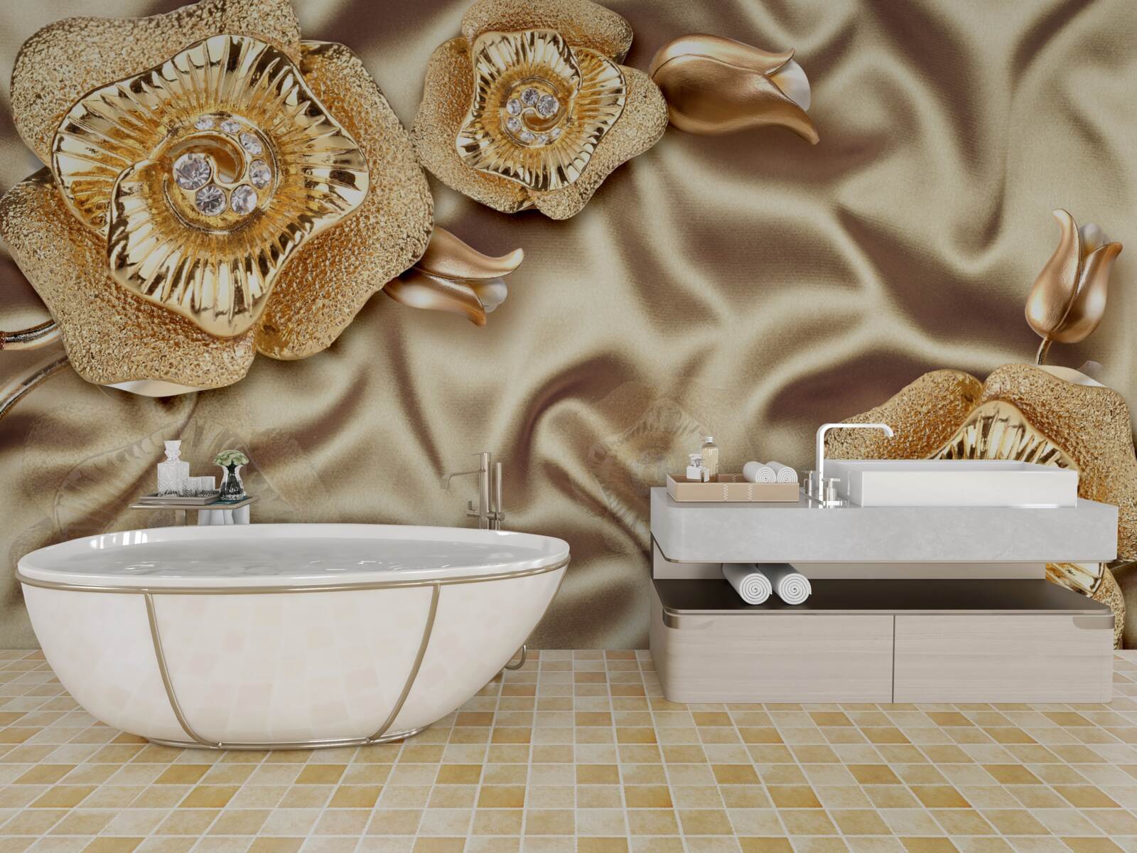 Fototapet detalii aurii pe mătase decorată cu flori de bronz