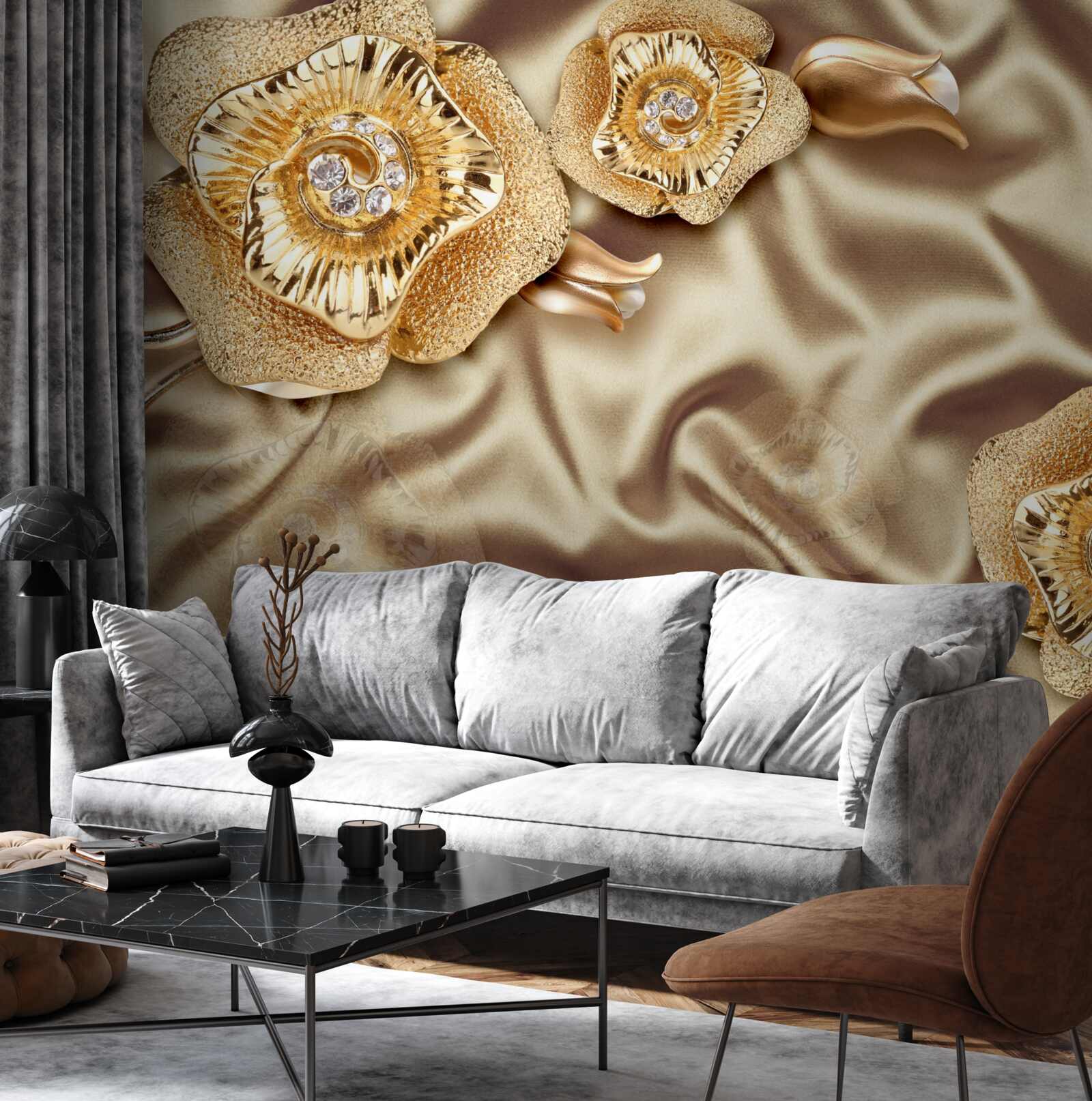 Fototapet detalii aurii pe mătase decorată cu flori de bronz