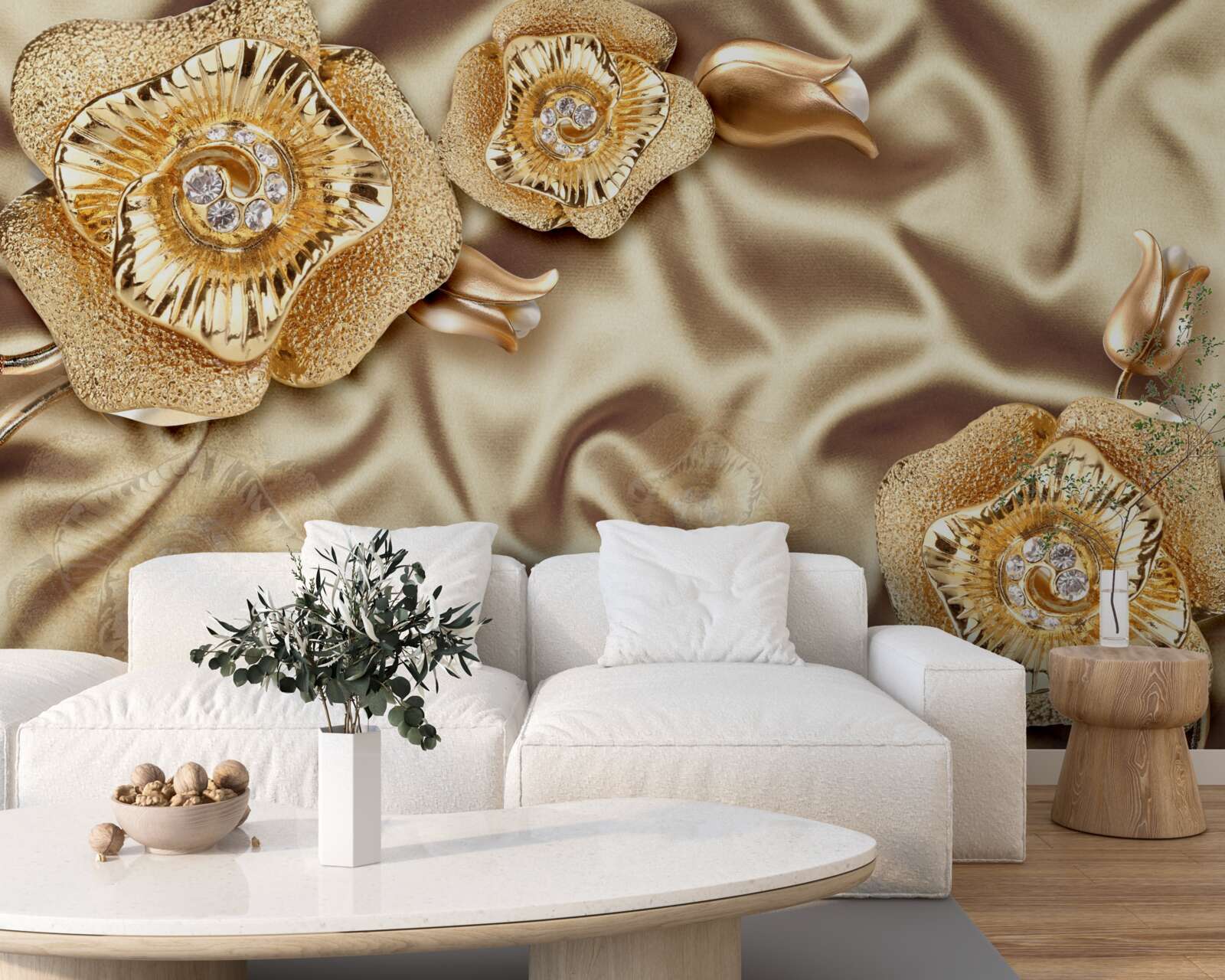 Fototapet detalii aurii pe mătase decorată cu flori de bronz