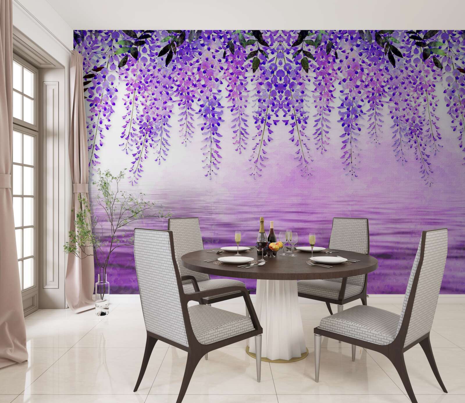 Fototapet glicină cu o nuanță purpurie pe un fundal de aceeași culoare