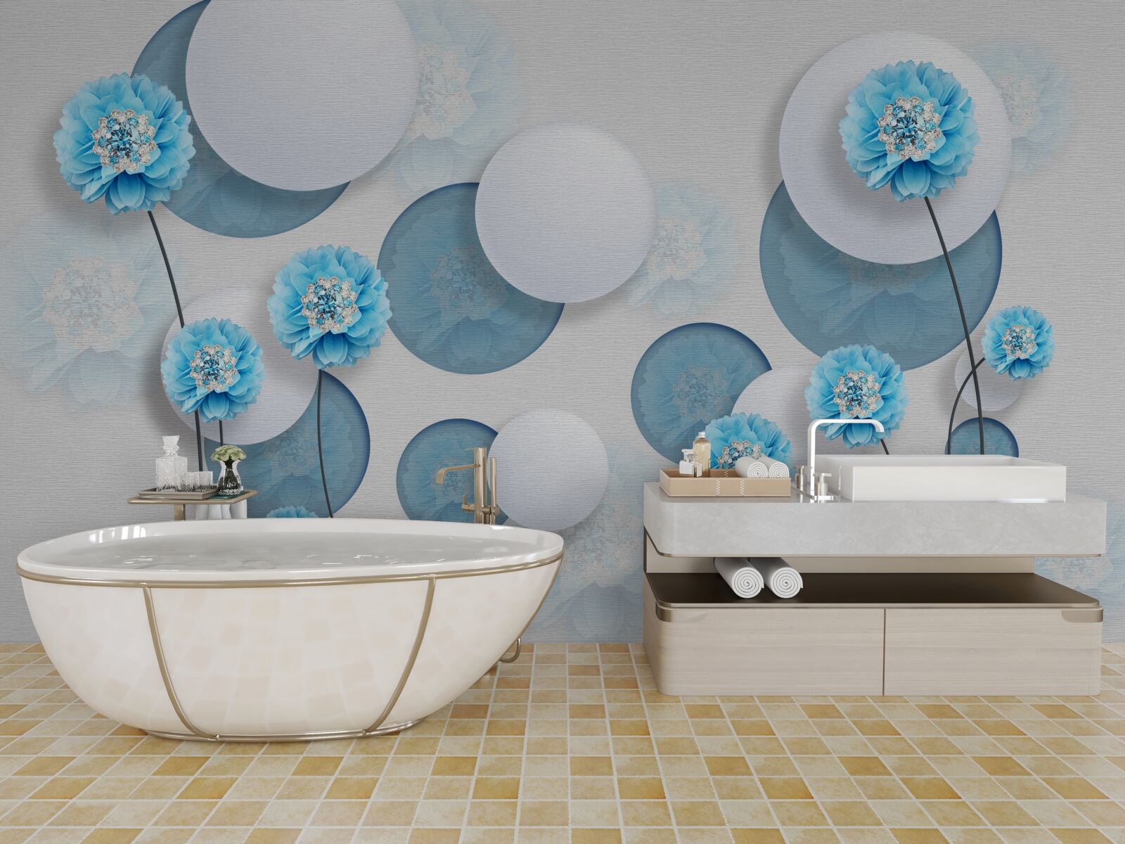 Fototapet abstracte și garoafe albastre