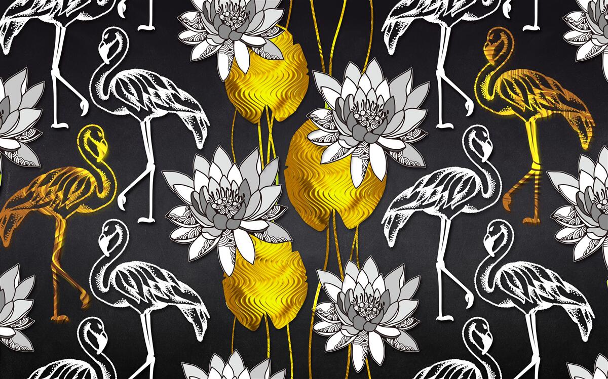 Fototapet plante aurii și flamingo albe