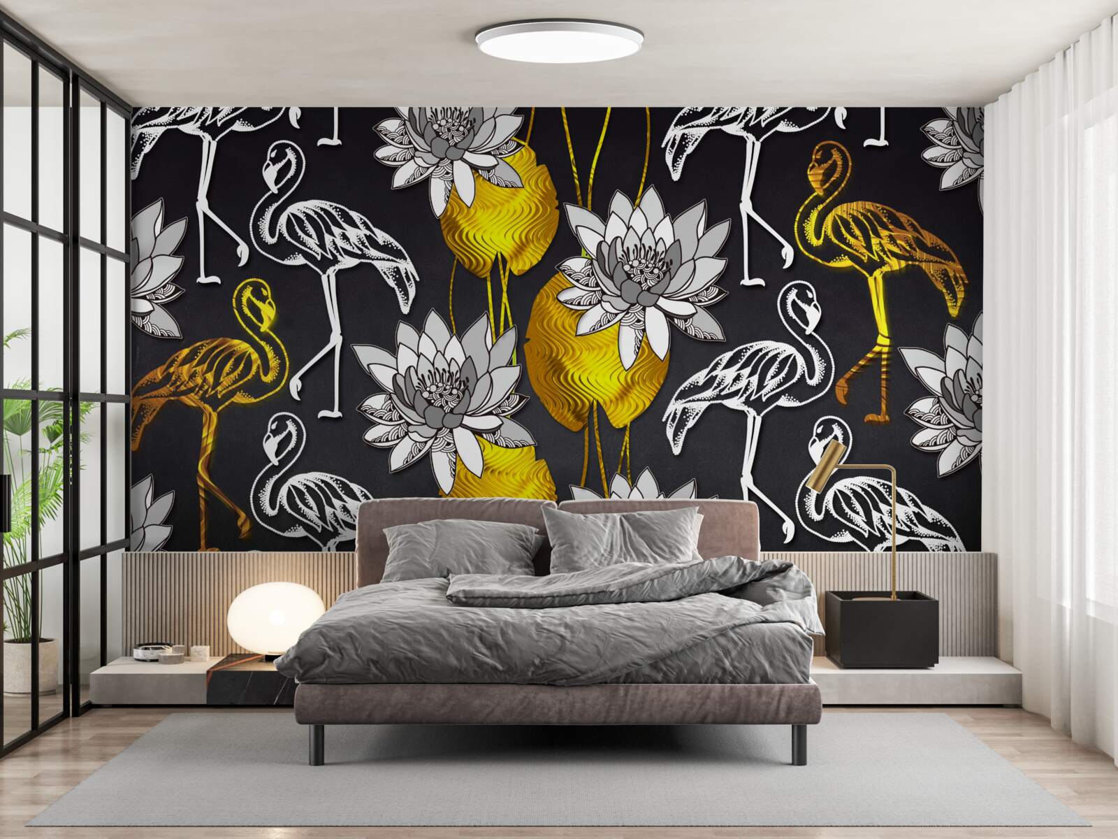 Fototapet plante aurii și flamingo albe