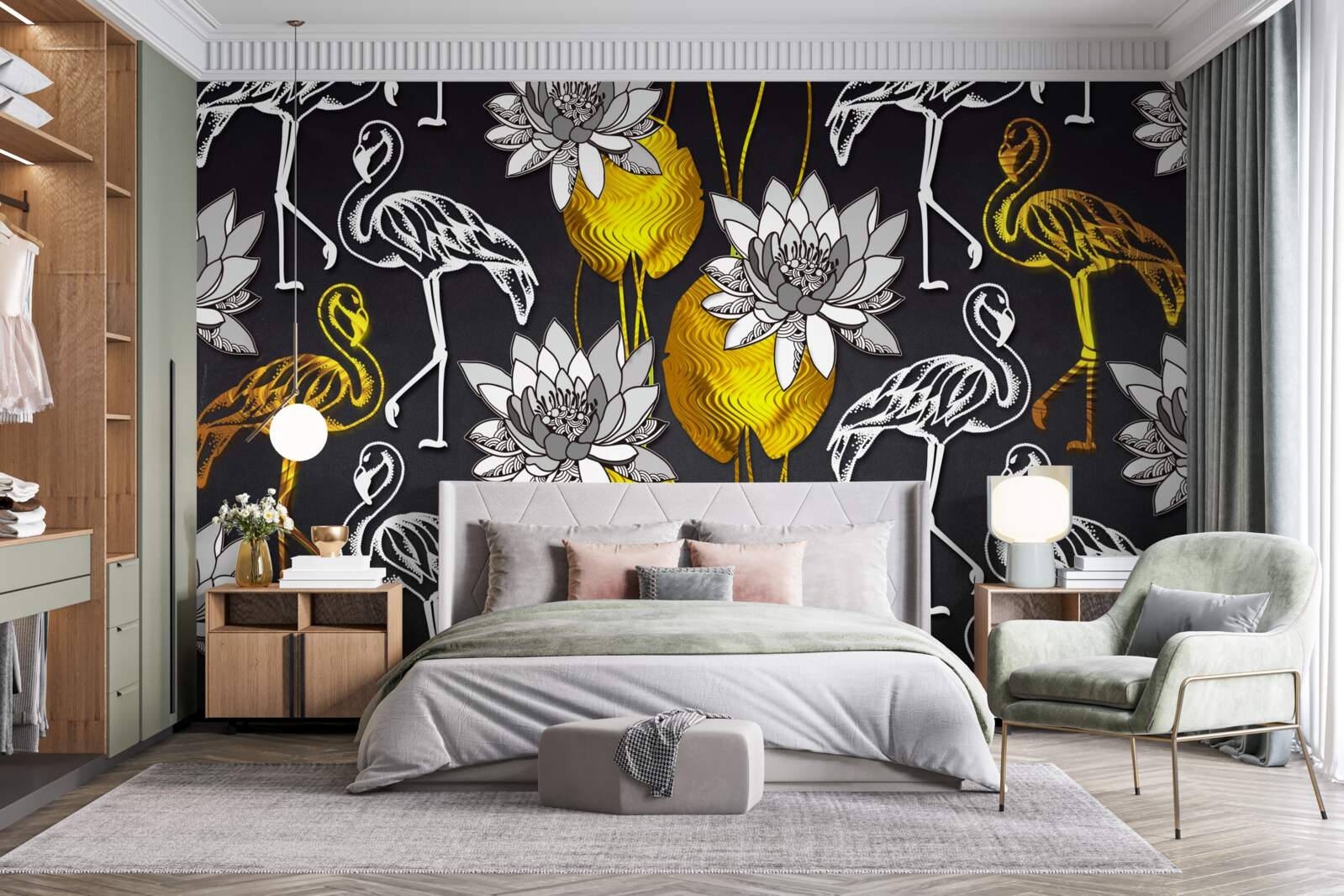 Fototapet plante aurii și flamingo albe