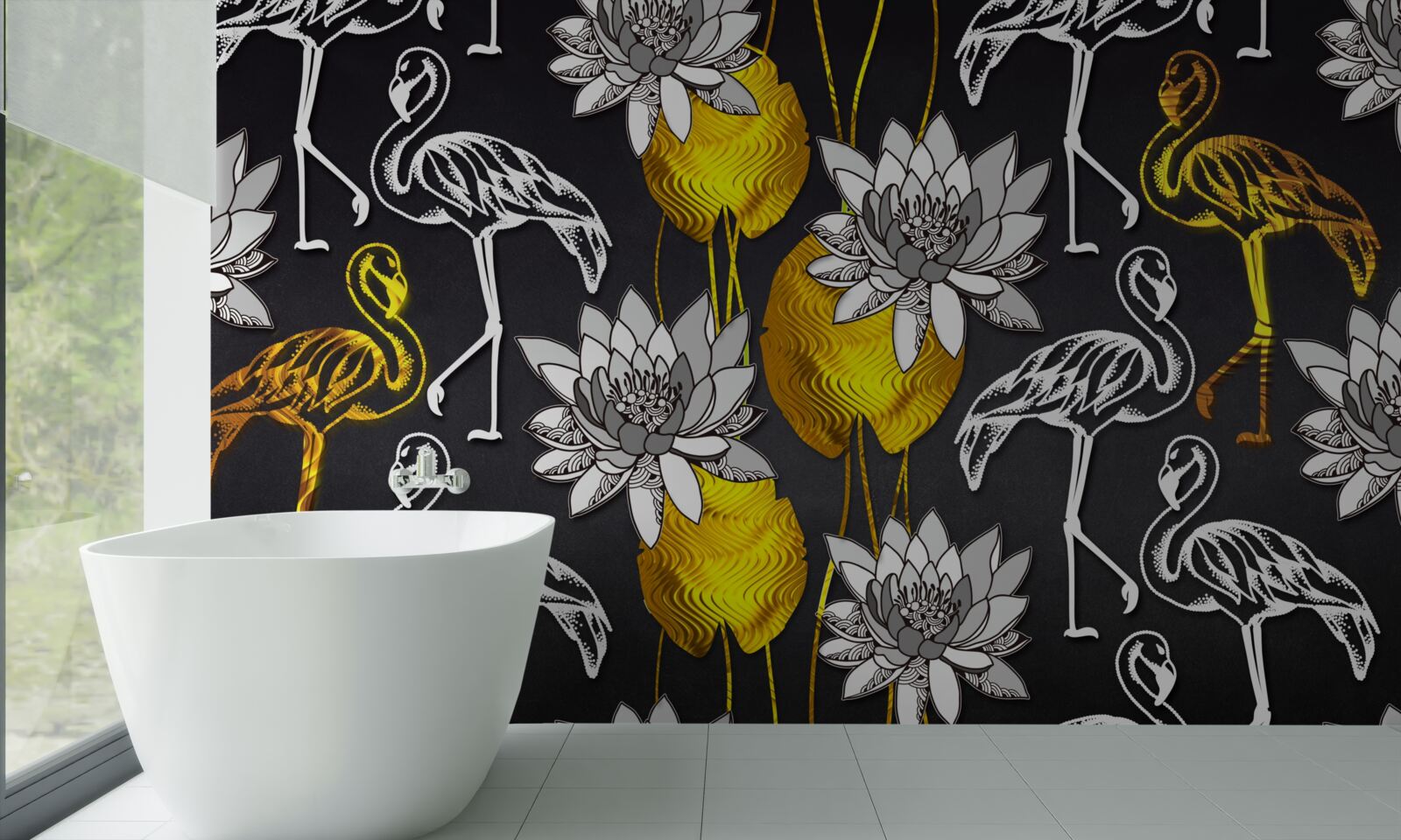 Fototapet plante aurii și flamingo albe