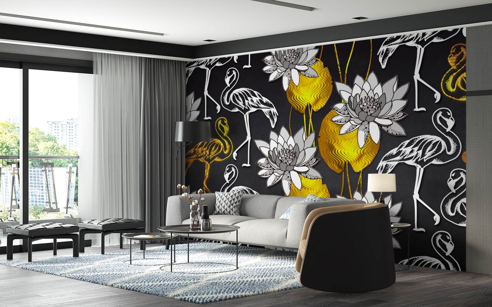 Fototapet plante aurii și flamingo albe