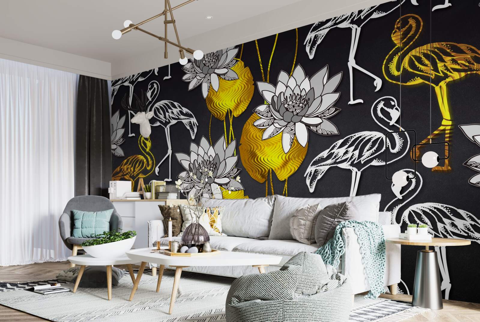 Fototapet plante aurii și flamingo albe