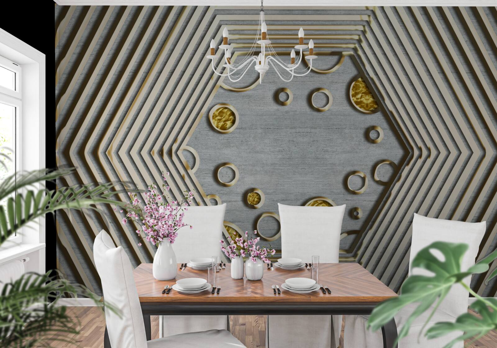 Fototapet hexagon argintiu cu nuanță aurie