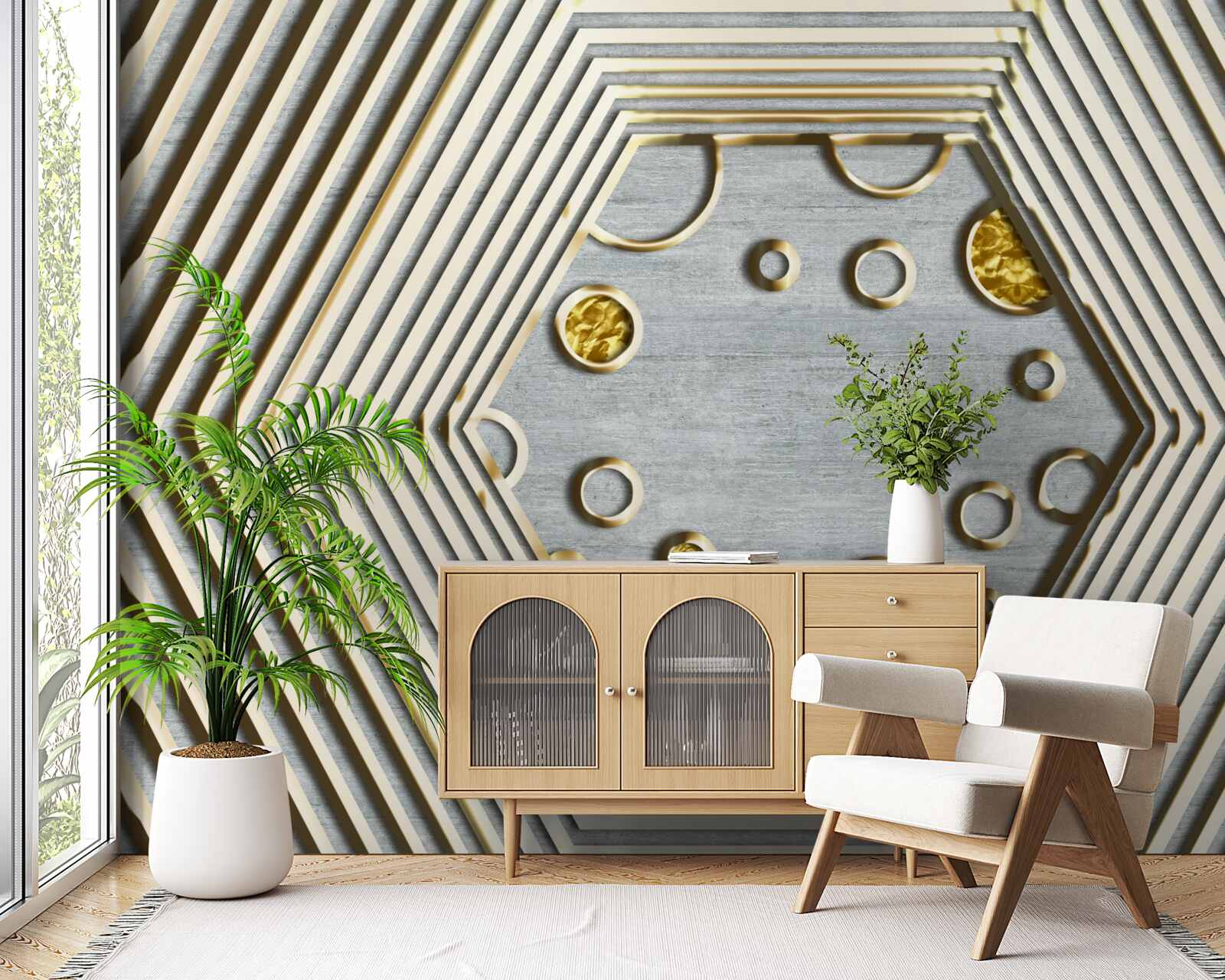 Fototapet hexagon argintiu cu nuanță aurie