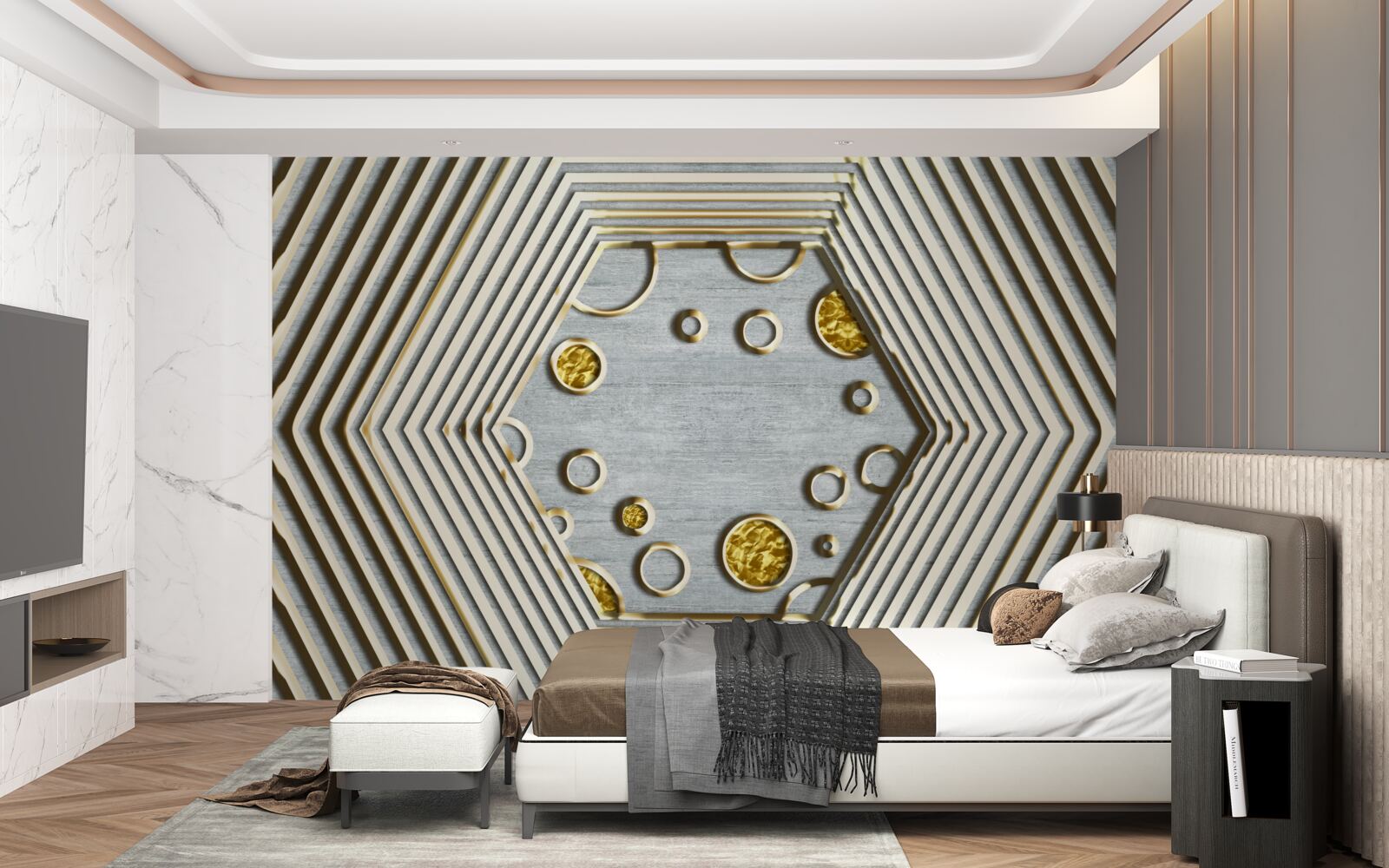 Fototapet hexagon argintiu cu nuanță aurie