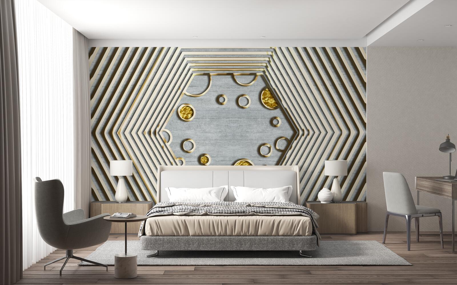 Fototapet hexagon argintiu cu nuanță aurie