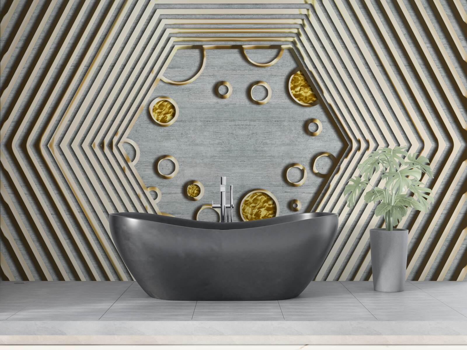 Fototapet hexagon argintiu cu nuanță aurie