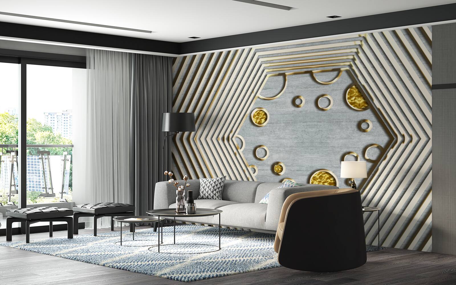 Fototapet hexagon argintiu cu nuanță aurie