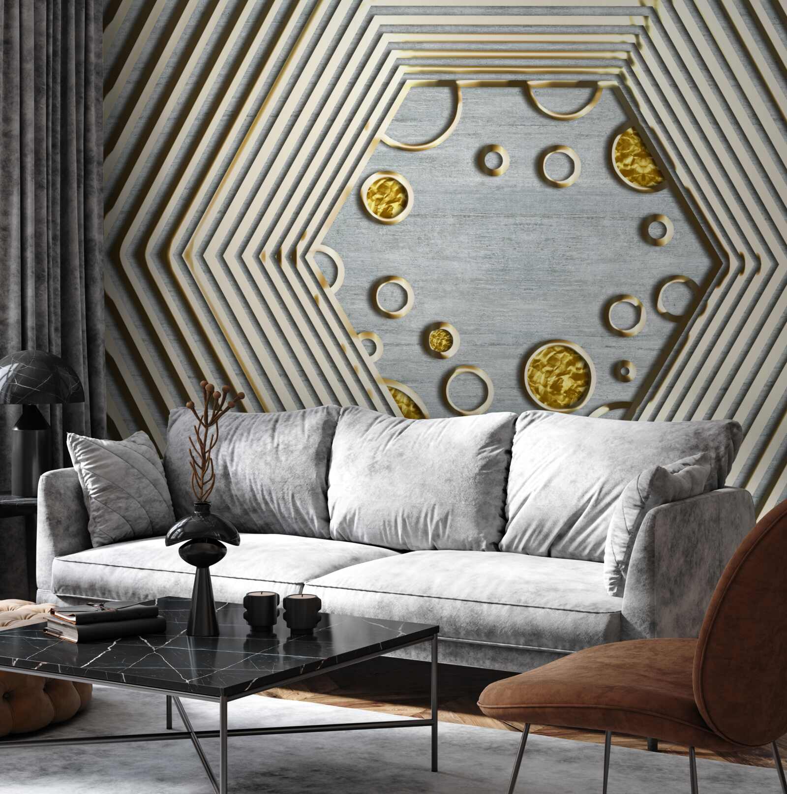 Fototapet hexagon argintiu cu nuanță aurie