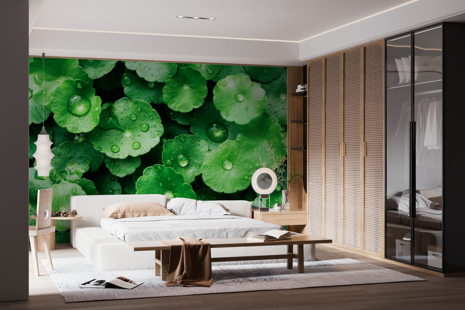 Fototapet frunze verzi acoperite cu picături proaspete de apă