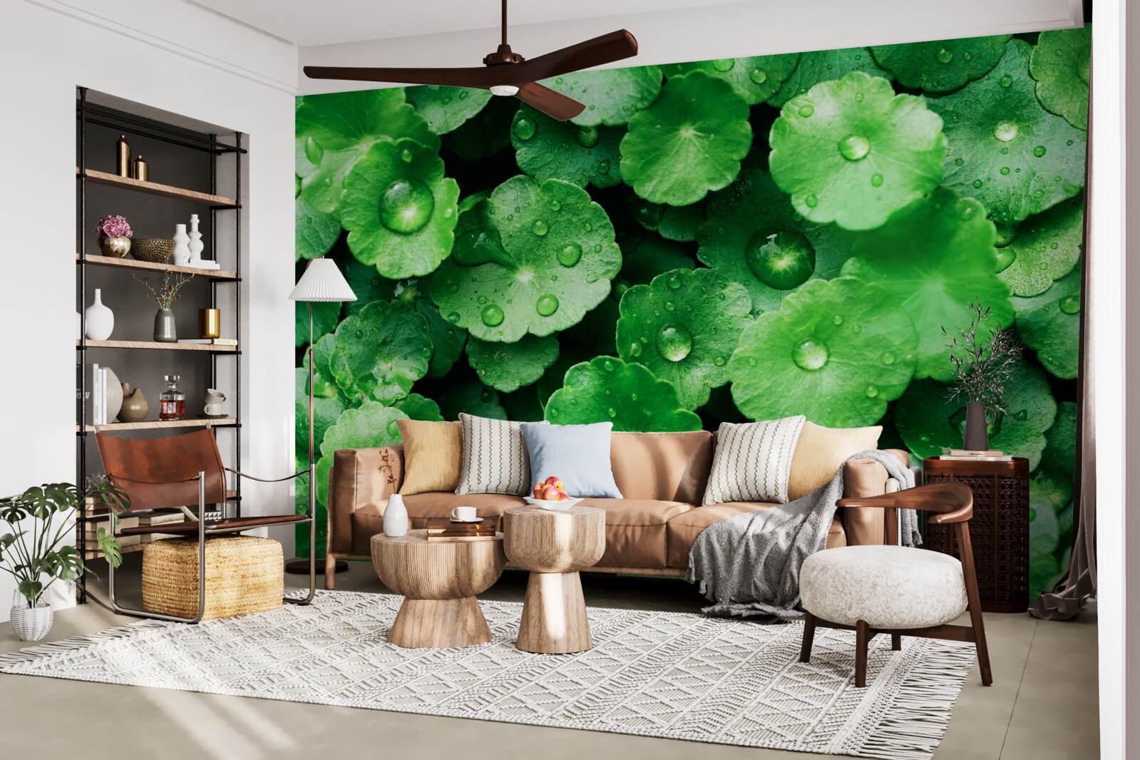 Fototapet frunze verzi acoperite cu picături proaspete de apă