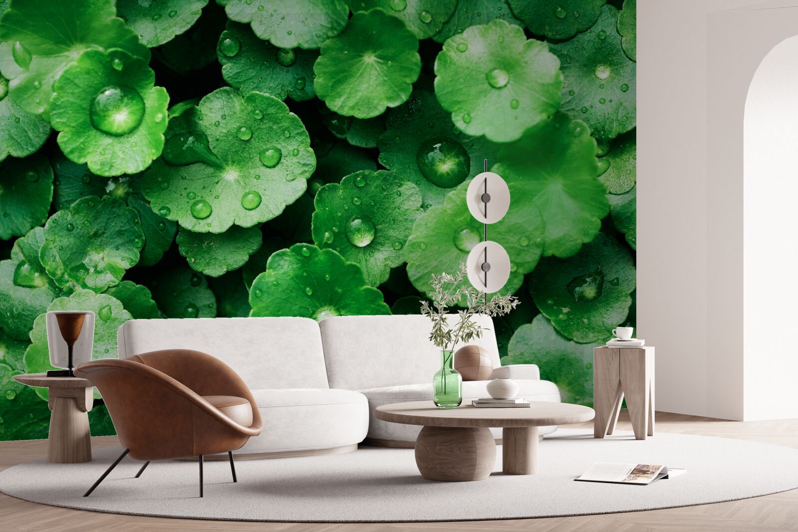 Fototapet frunze verzi acoperite cu picături proaspete de apă