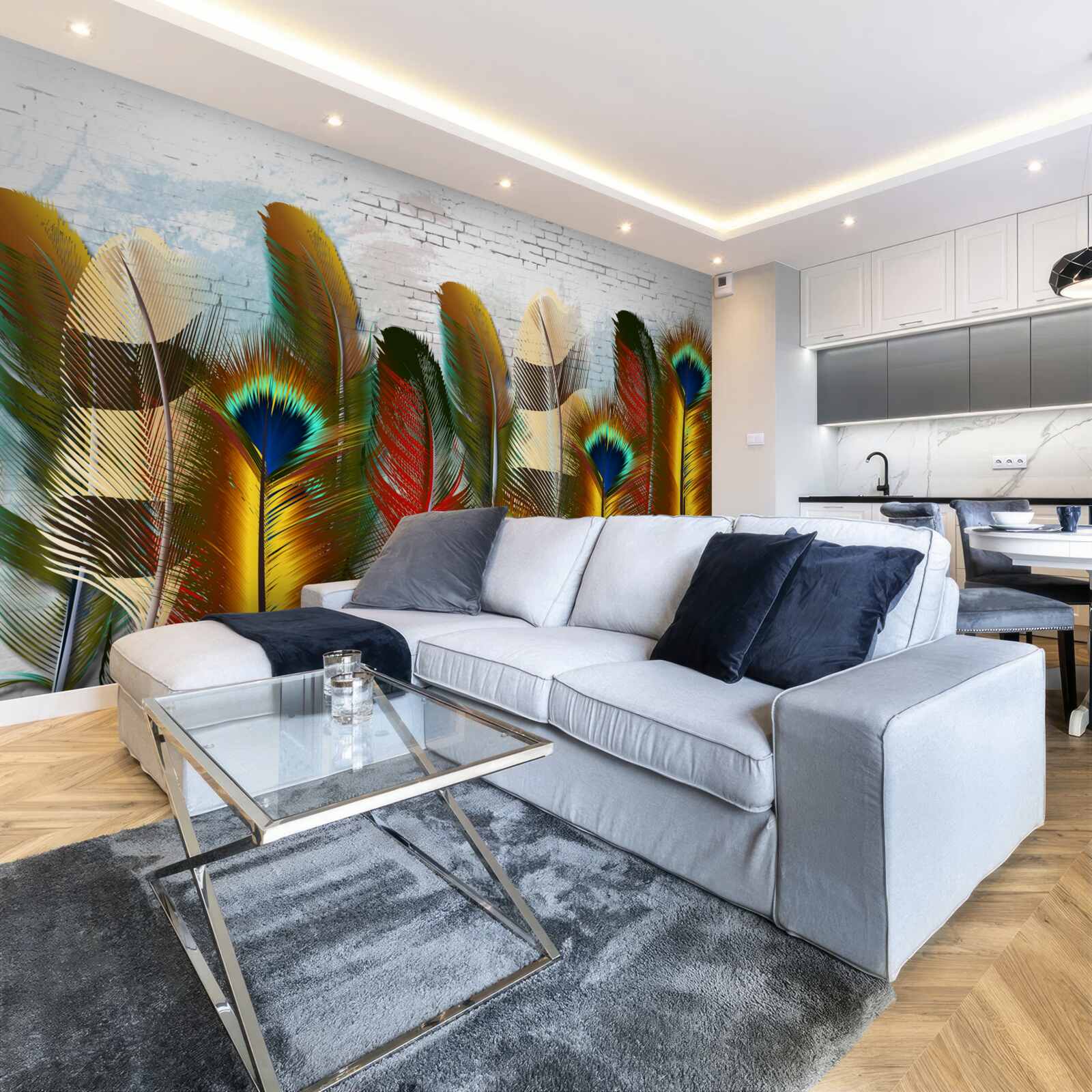 Fototapet penele magnifice contrastează cu peretele alb de cărămidă