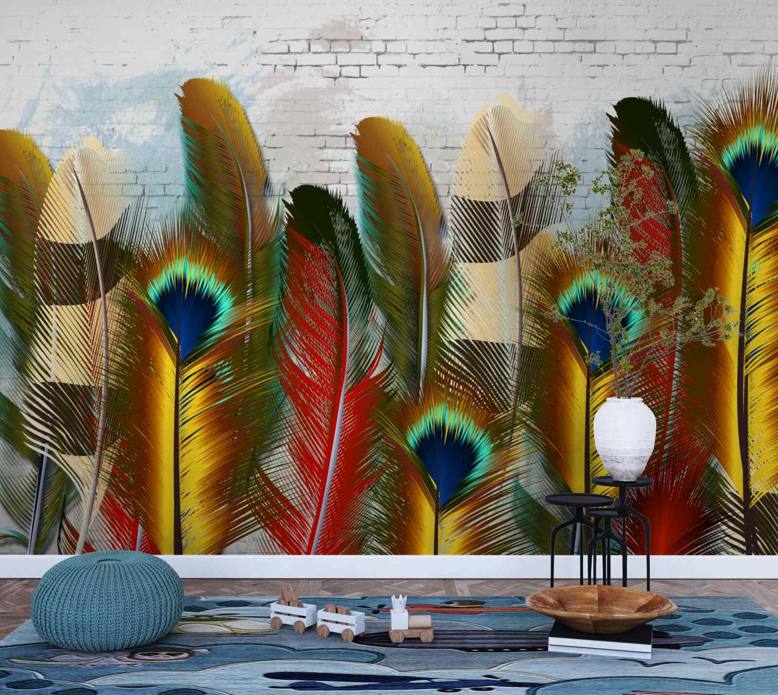 Fototapet penele magnifice contrastează cu peretele alb de cărămidă