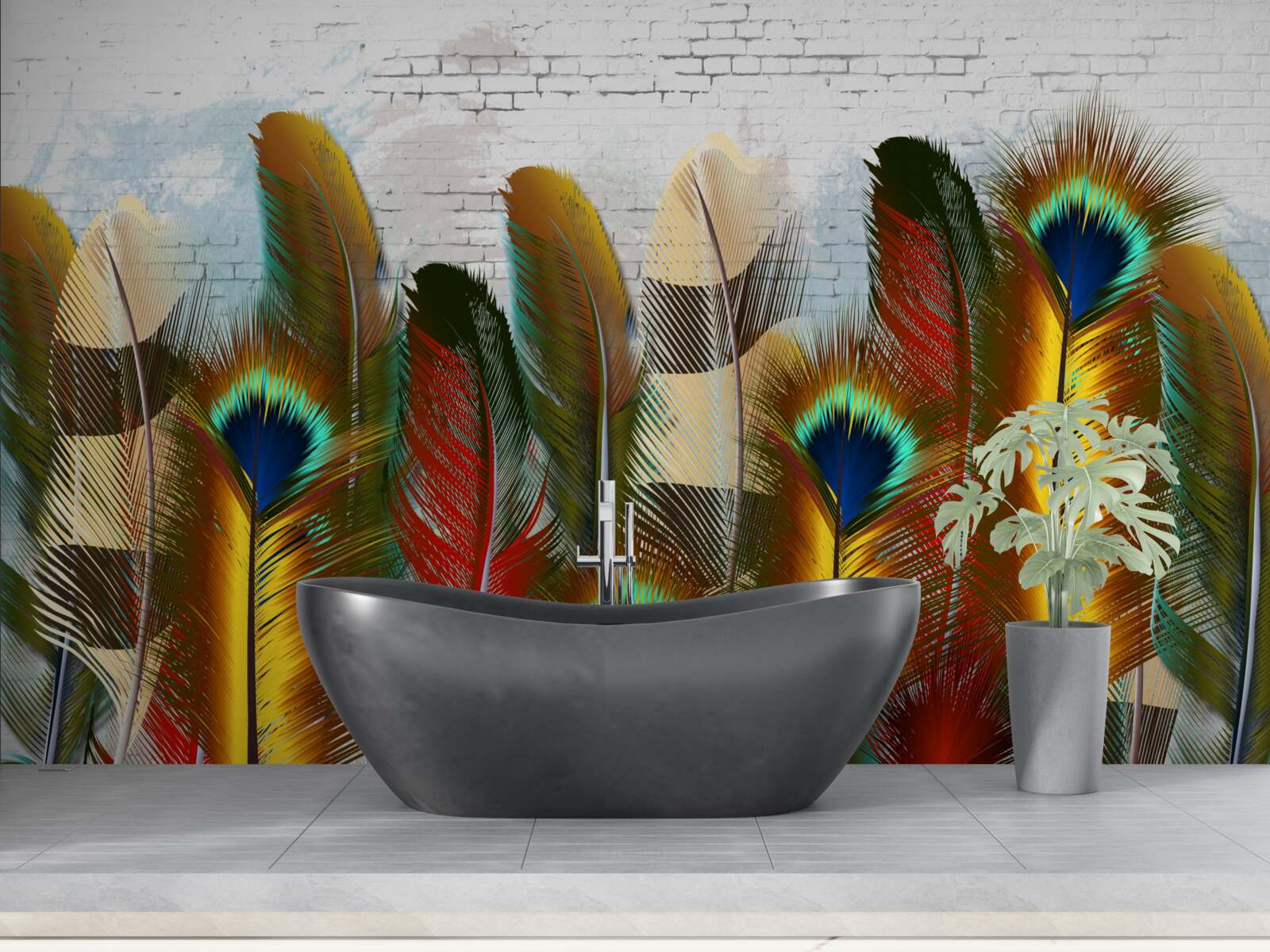 Fototapet penele magnifice contrastează cu peretele alb de cărămidă