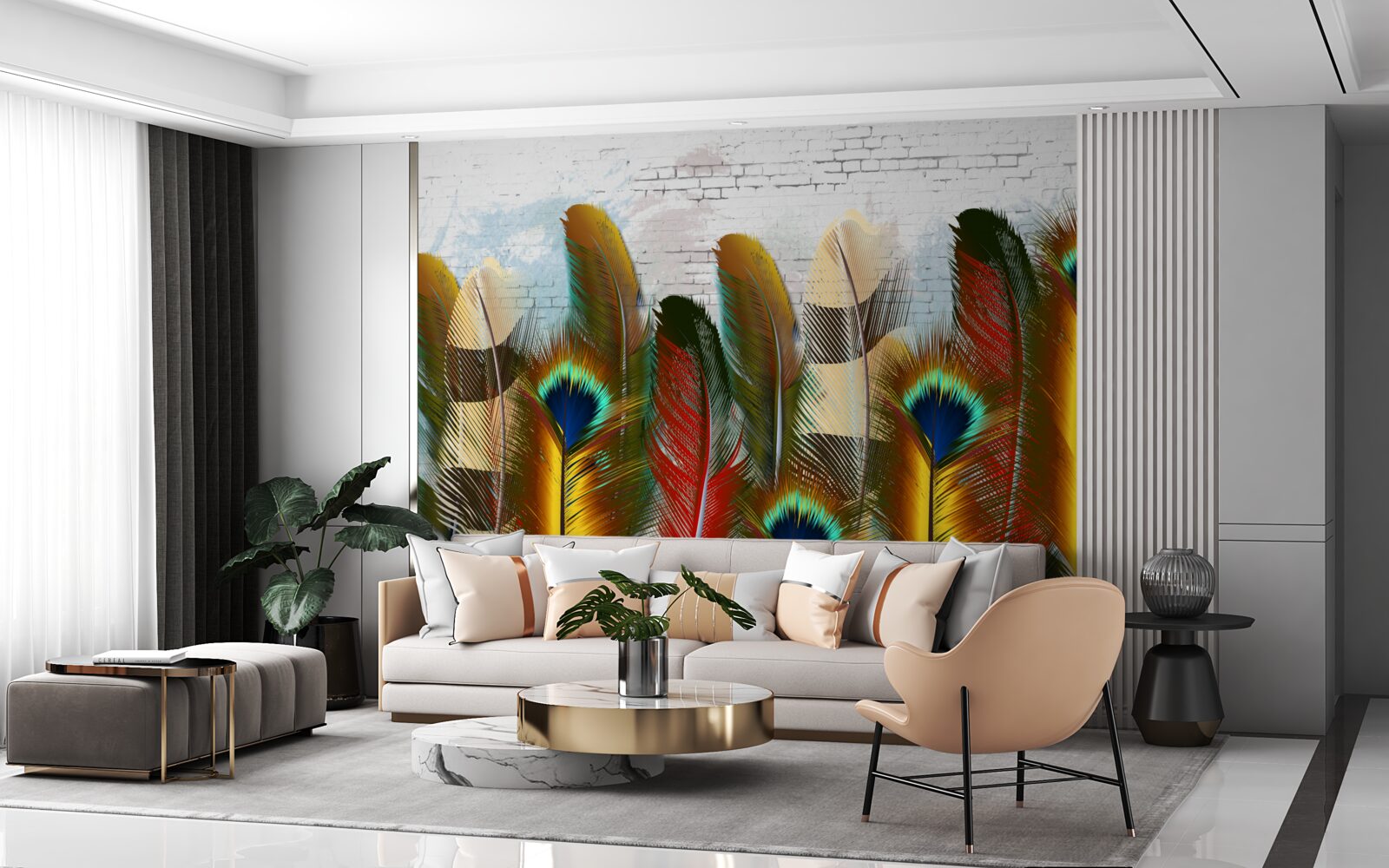 Fototapet penele magnifice contrastează cu peretele alb de cărămidă