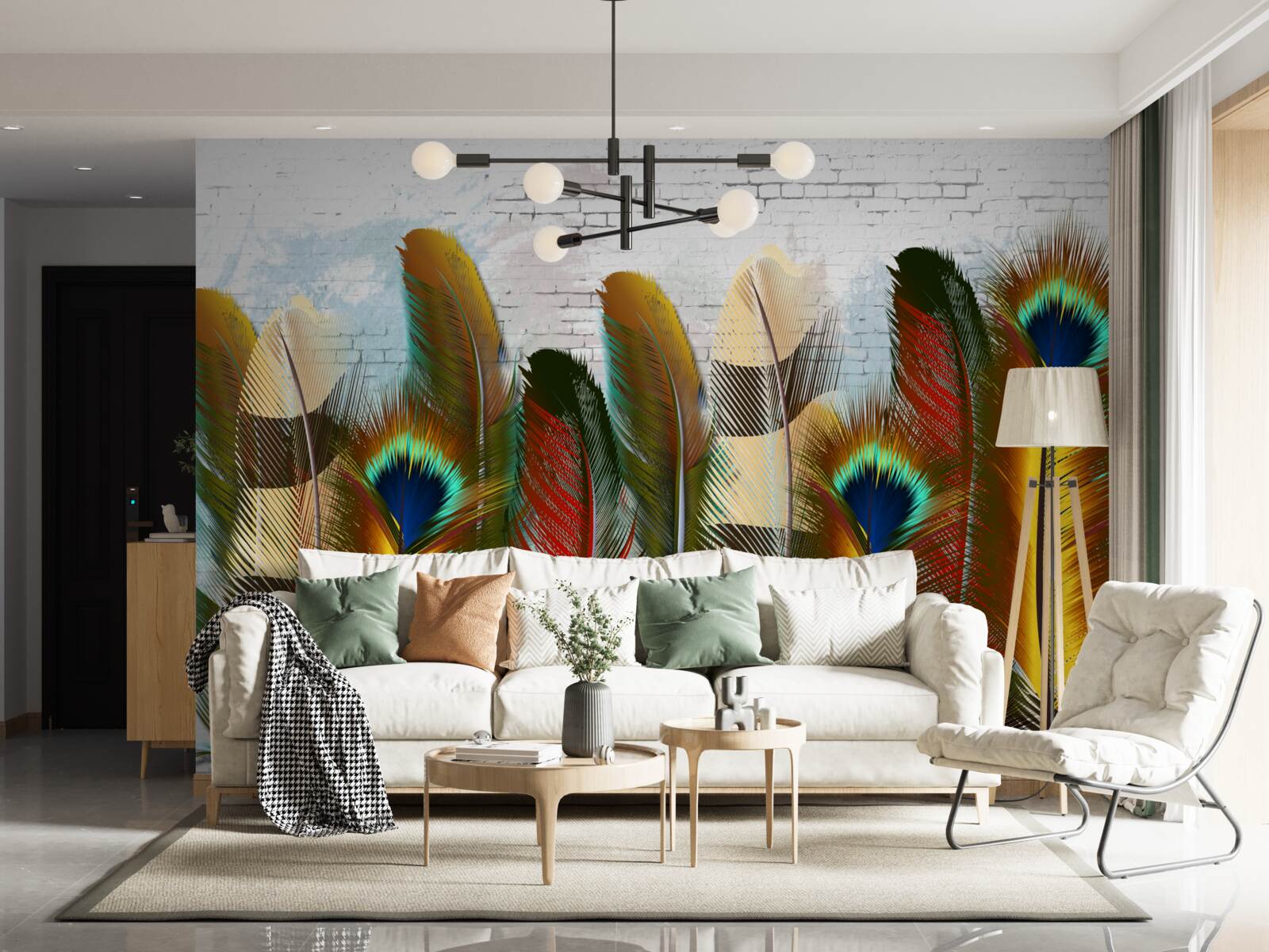 Fototapet penele magnifice contrastează cu peretele alb de cărămidă