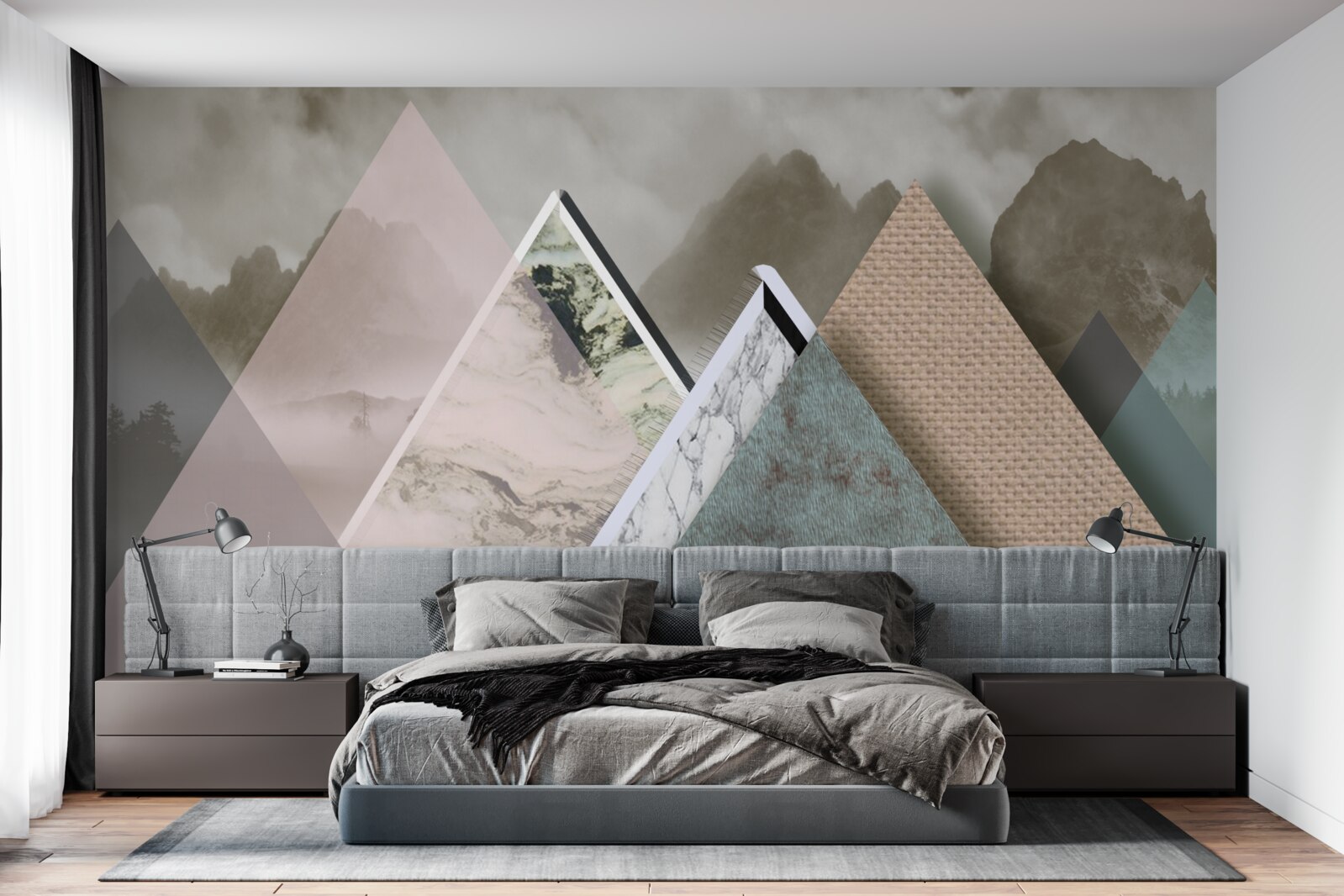 Fototapet triunghiuri de diferite mărimi reprezentând munți colorați