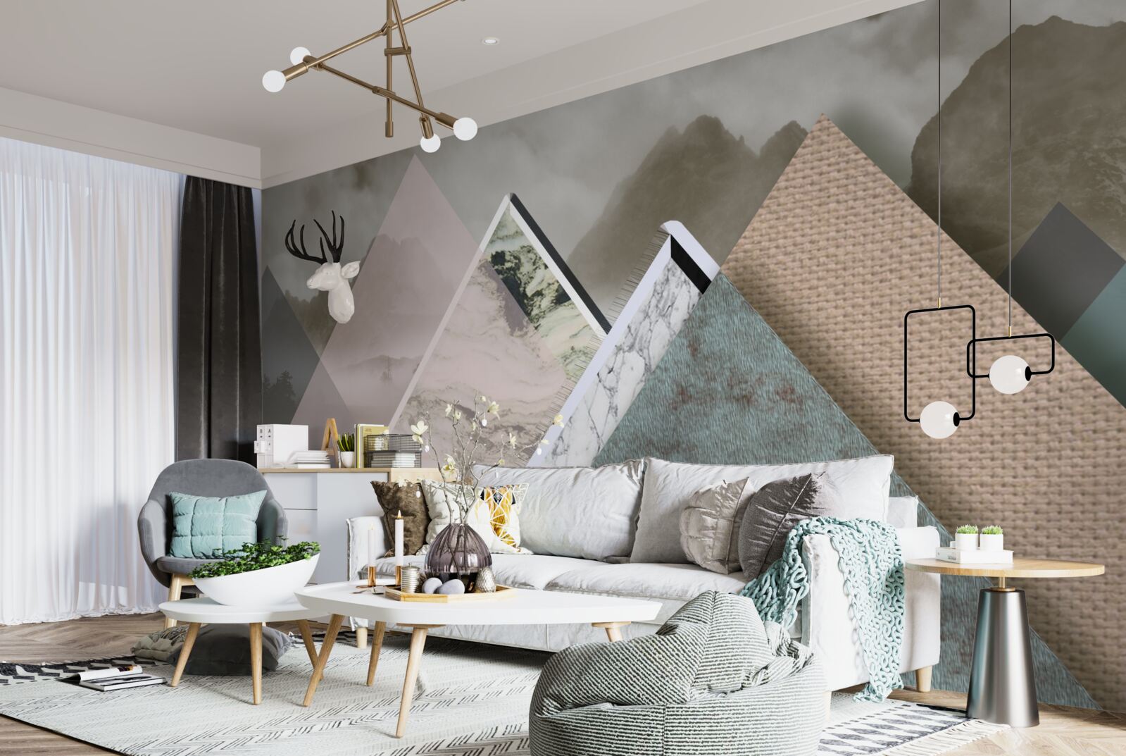 Fototapet triunghiuri de diferite mărimi reprezentând munți colorați