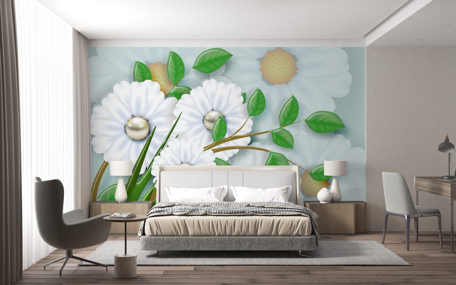 Fototapet Margarete albe ca zăpada cu inimi de perle