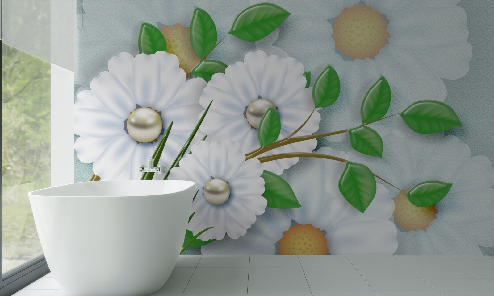 Fototapet Margarete albe ca zăpada cu inimi de perle