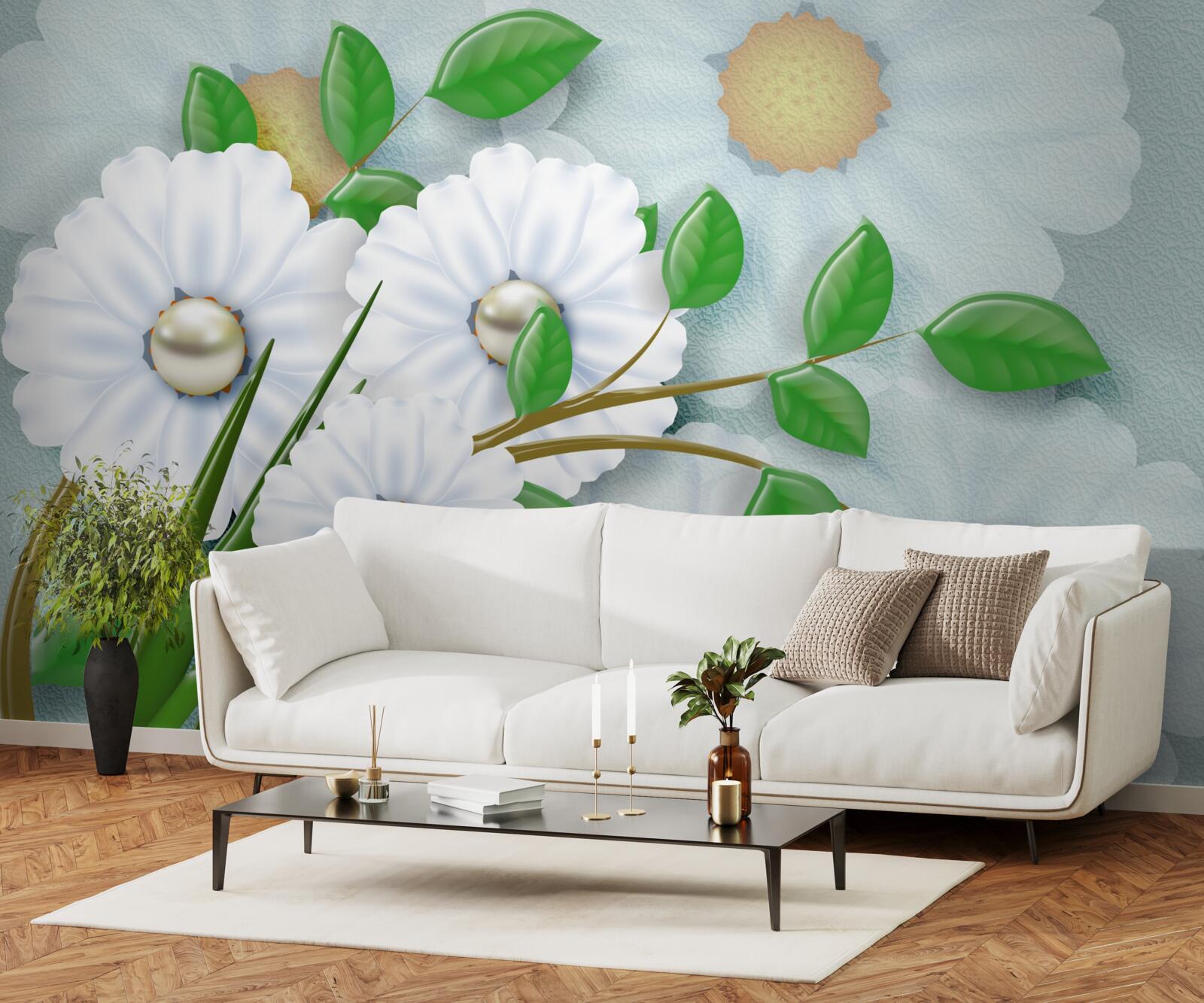 Fototapet Margarete albe ca zăpada cu inimi de perle