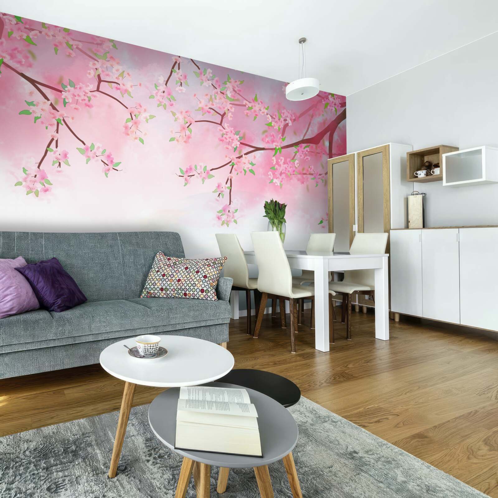 Fototapet flori de trandafir înfloresc pe ramurile copacilor