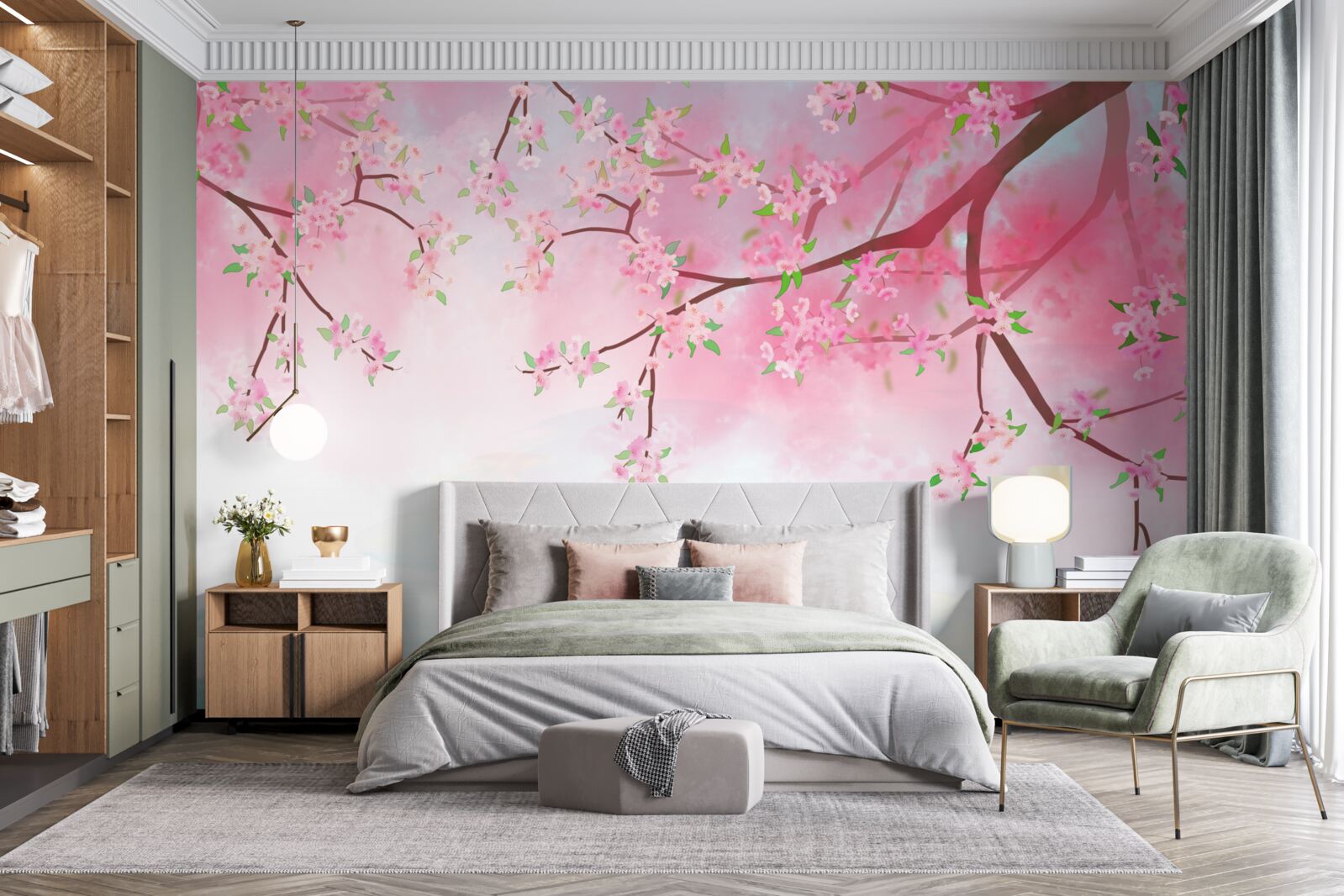 Fototapet flori de trandafir înfloresc pe ramurile copacilor