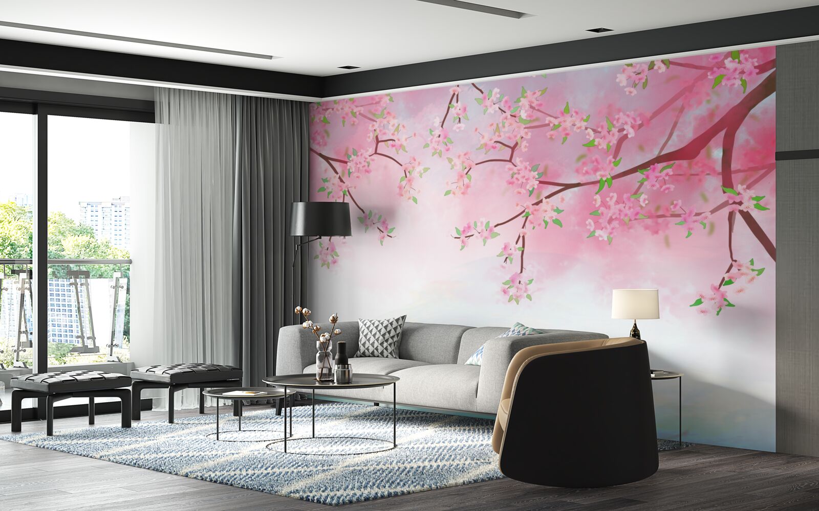 Fototapet flori de trandafir înfloresc pe ramurile copacilor